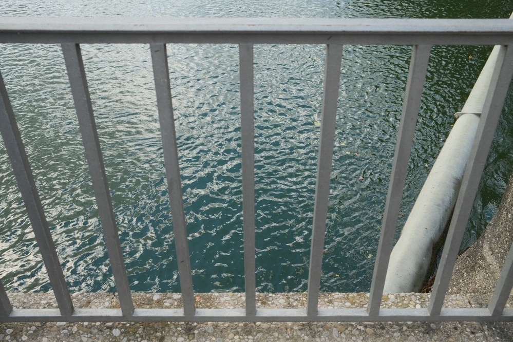 A metal railing stands in front of a waterway with a visible pipe extending into the water.