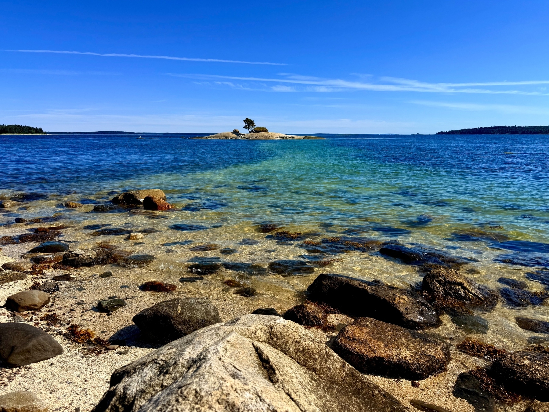 A rocky shoreline with clear blue water and a small island topped by a lone tree in the distance, under a bright blue sky with wispy clouds.