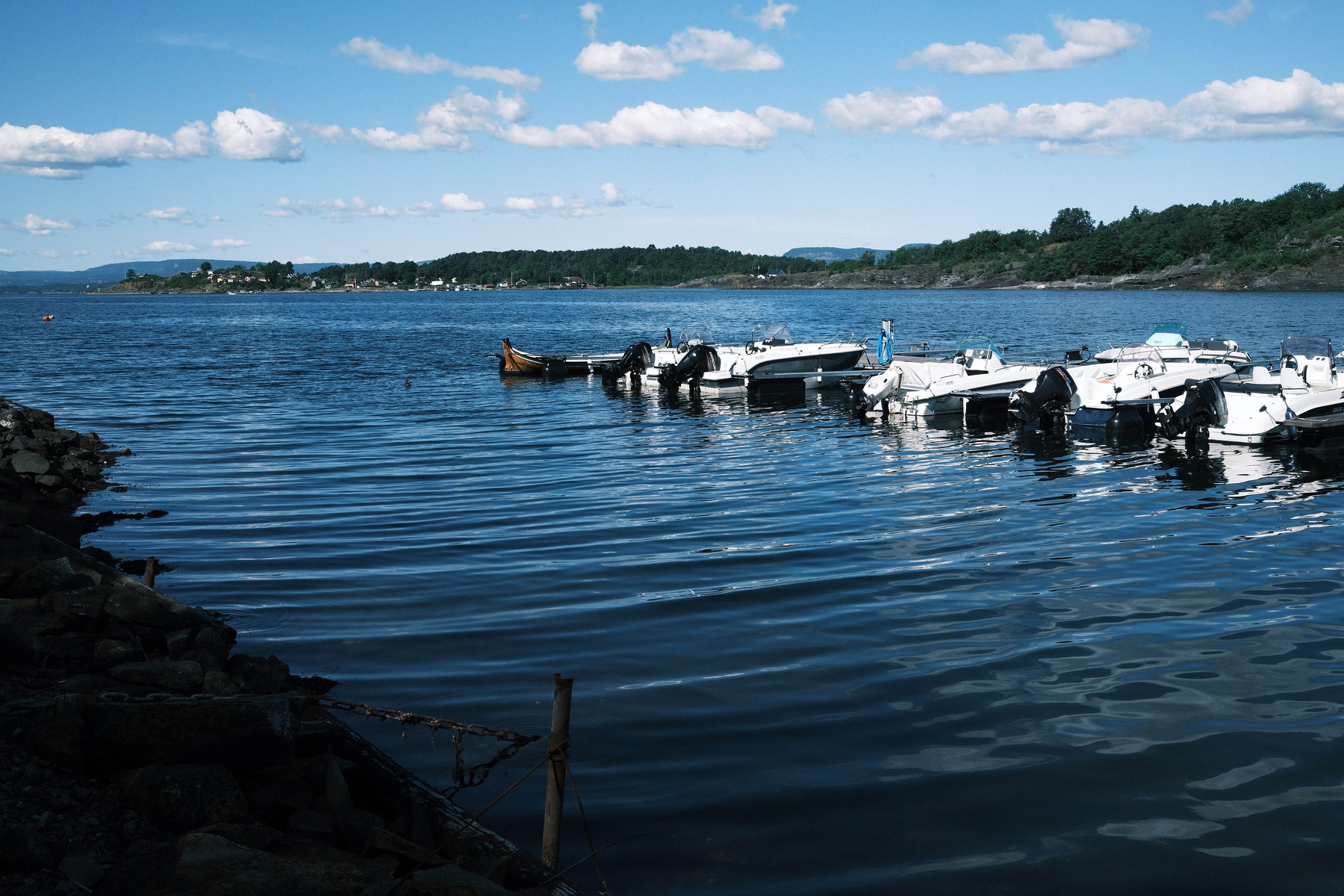 Auto-generated description: A group of small boats is docked on a calm body of water with a tree-lined shore and a partly cloudy sky in the background.