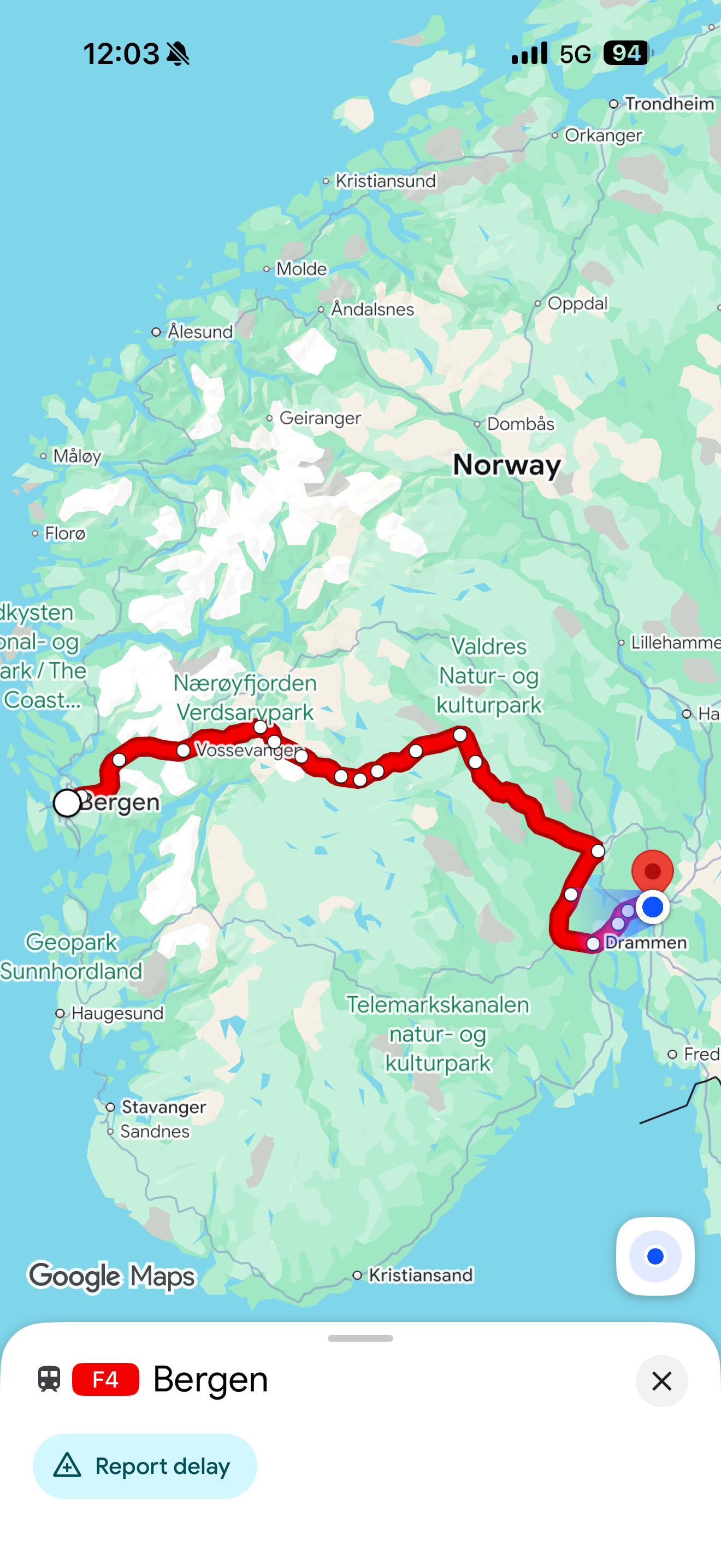 Auto-generated description: A route on a map of Norway shows a train journey from Oslo to Bergen marked in red with several stops along the way.