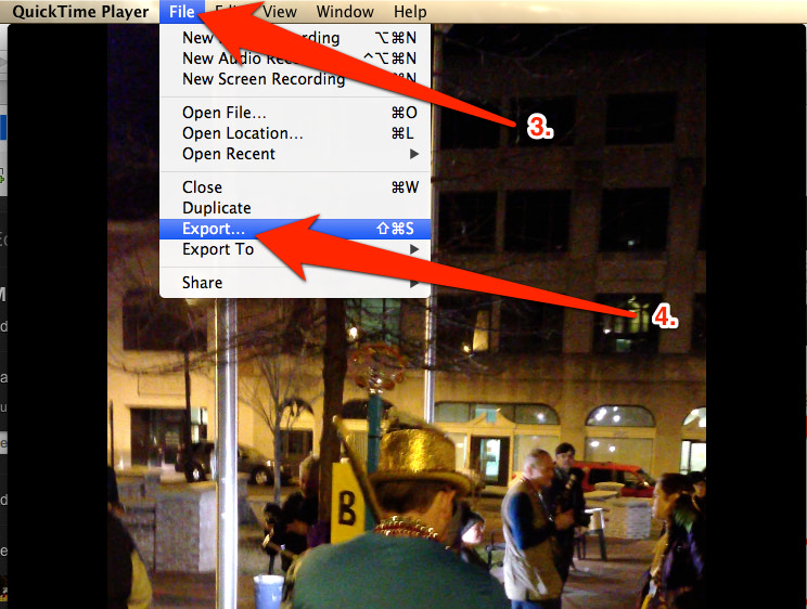 Export option can be found under the File menu in QuickTime Step Two