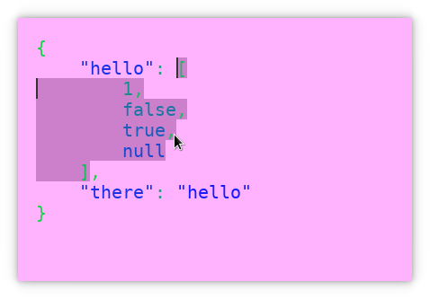 Screenshot of rledit editing a JSON document with a
selection.