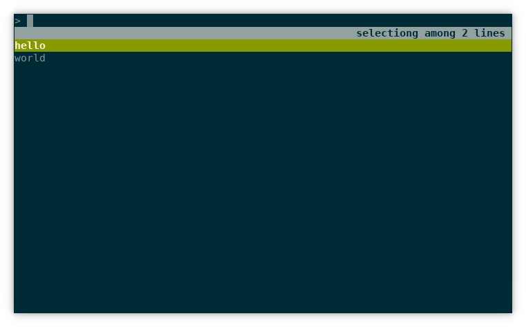 Screenshot of rlselect showing two entries, hello
and world, with hello selected.