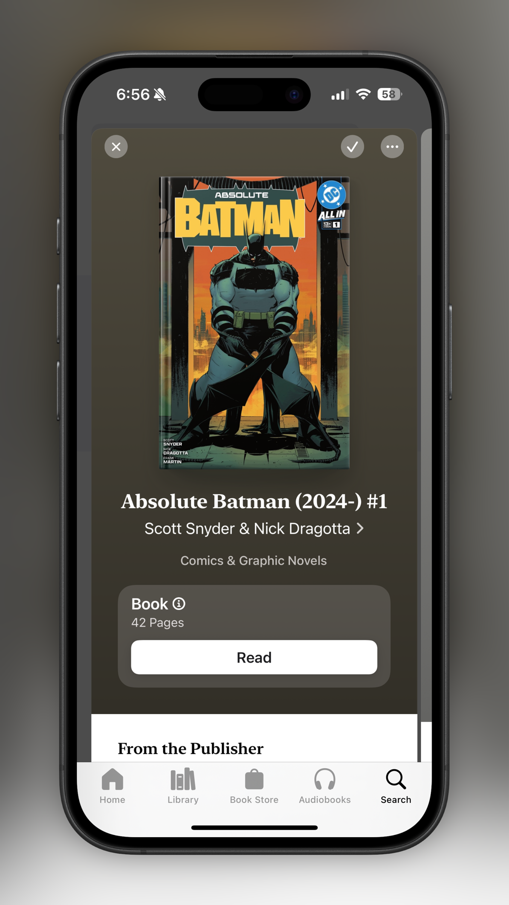 A smartphone screen displaying a comic book cover for “Absolute Batman (2024-) #1” by Scott Snyder and Nick Dragotta.