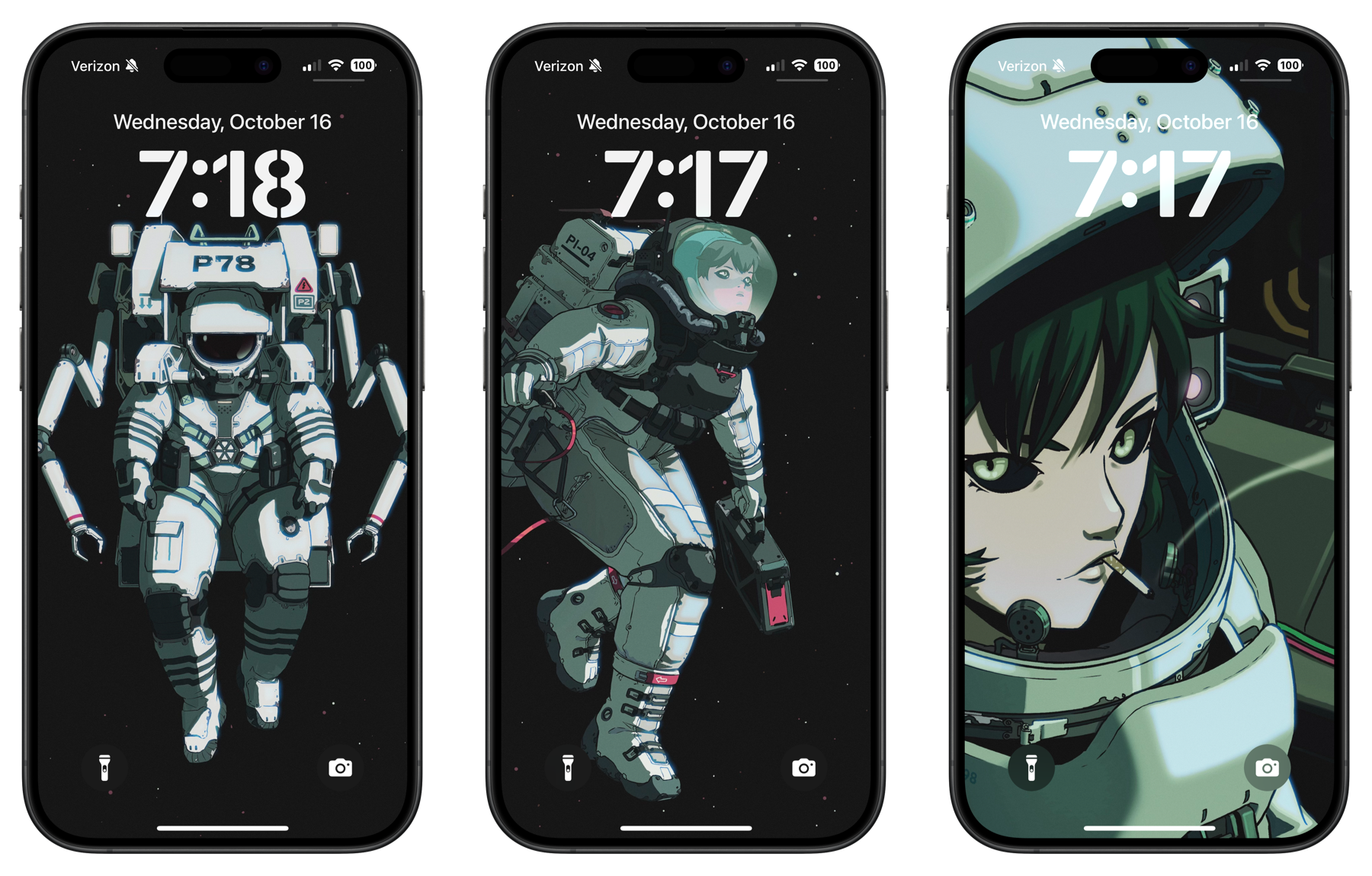 Three smartphone screens display illustrations of astronauts. The first depicts a large robot-like suit labeled “P78,” the second features an astronaut floating in space, and the third shows a close-up of an astronaut with a determined expression. The screens show the time