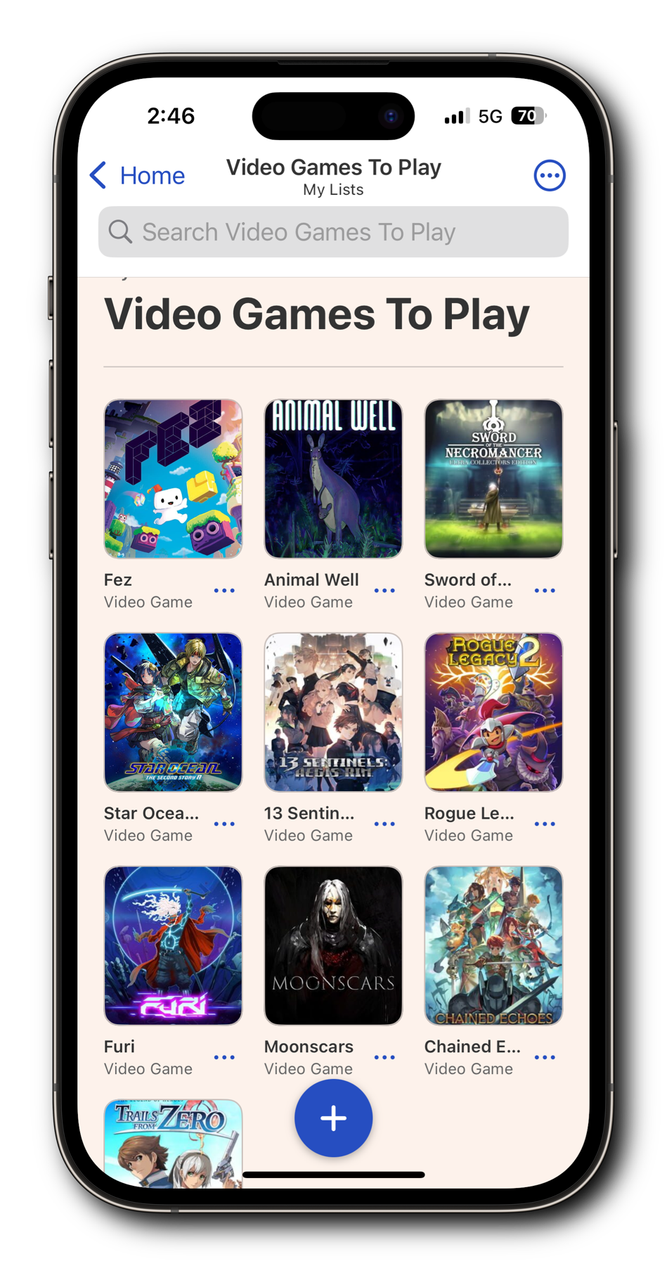 A smartphone screen is displaying a list of video games under the title “Video Games To Play.” The visible games include Fez, Animal Well, Sword of the Necromancer, Star Ocean, 13 Sentinels: Aegis Rim