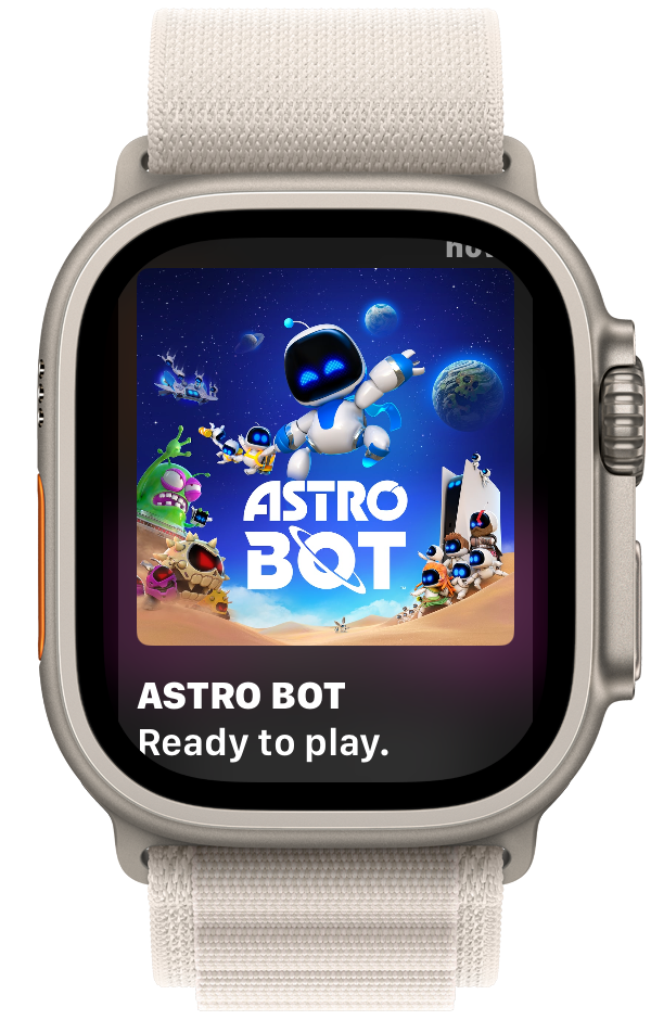 A smartwatch with a white band displaying a game called “Astro Bot” on its screen. The game features a cute robot character in space, surrounded by planets and other robots. The text on the screen says, “ASTRO BOT: Ready to