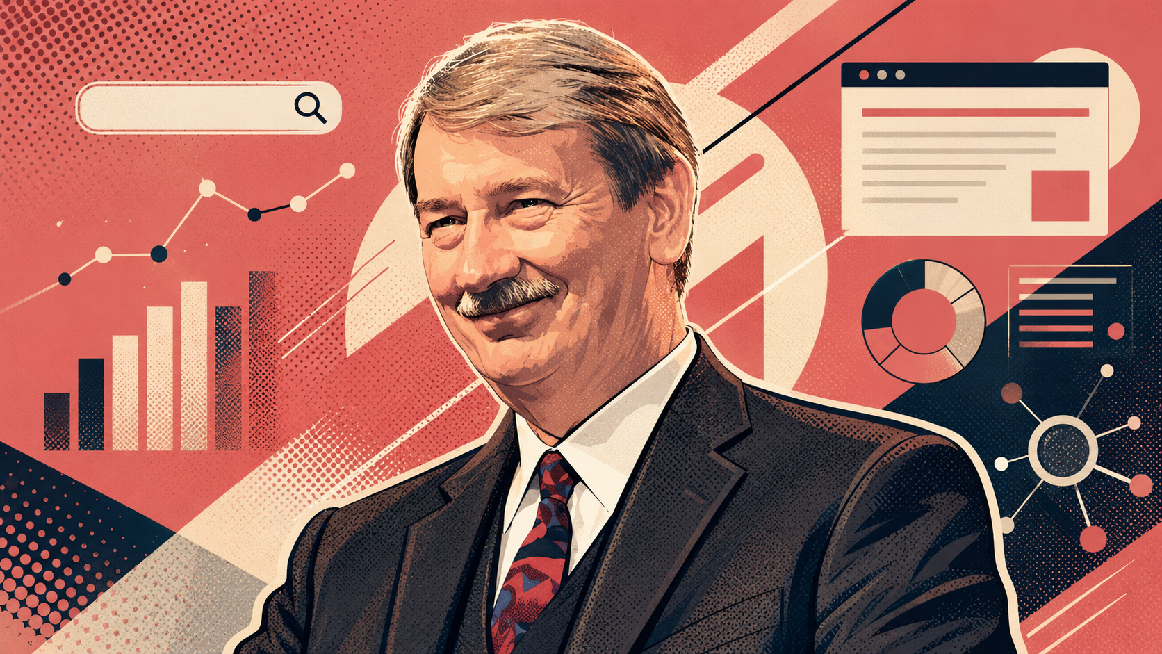 Auto-generated description: Bruce Clay in a suit and tie is depicted against a background of charts, graphs, and data visualization elements.