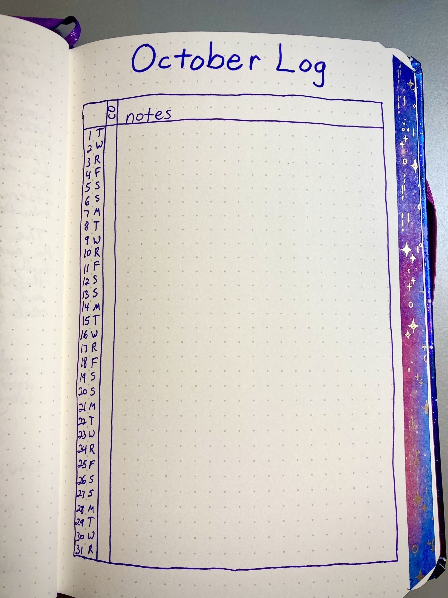 A notebook page that says 'October log' at the top; dates and days of the month are written down the left-hand side of the page; the rest of the page is space for notes