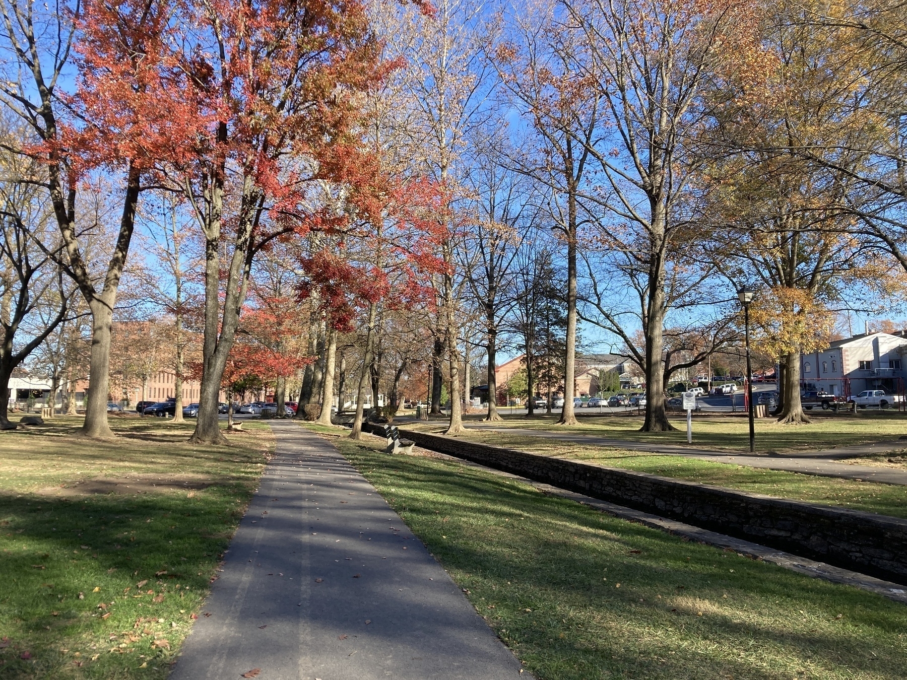 A scenic park features a paved path flanked by autumn trees with vibrant red and gold leaves.