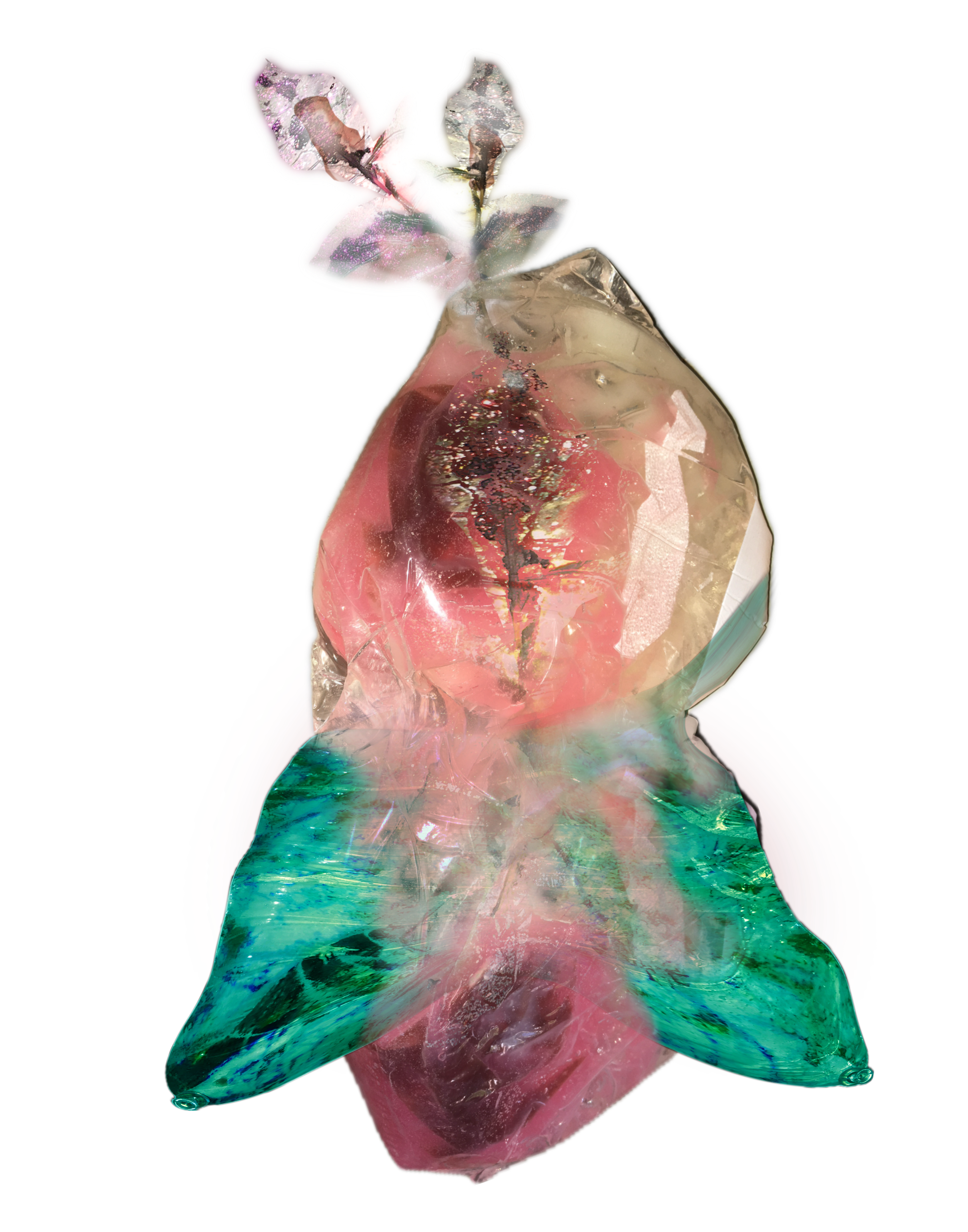 Auto-generated description: A colorful, abstract sculpture features layered crystal-like forms in shades of red, pink, blue, and green.