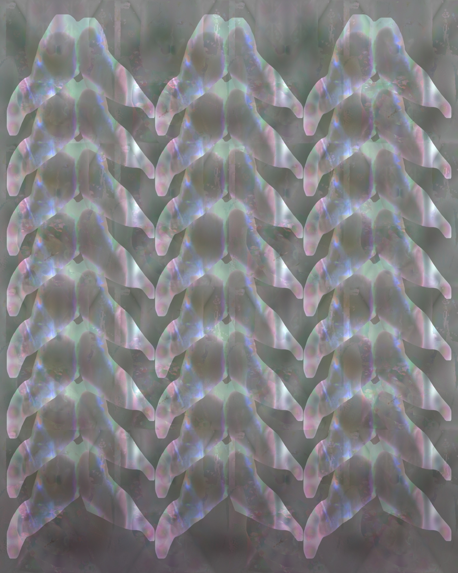 Auto-generated description: A pattern of translucent, overlapping shapes resembling leaves or feathers creates a layered design with iridescent colors.