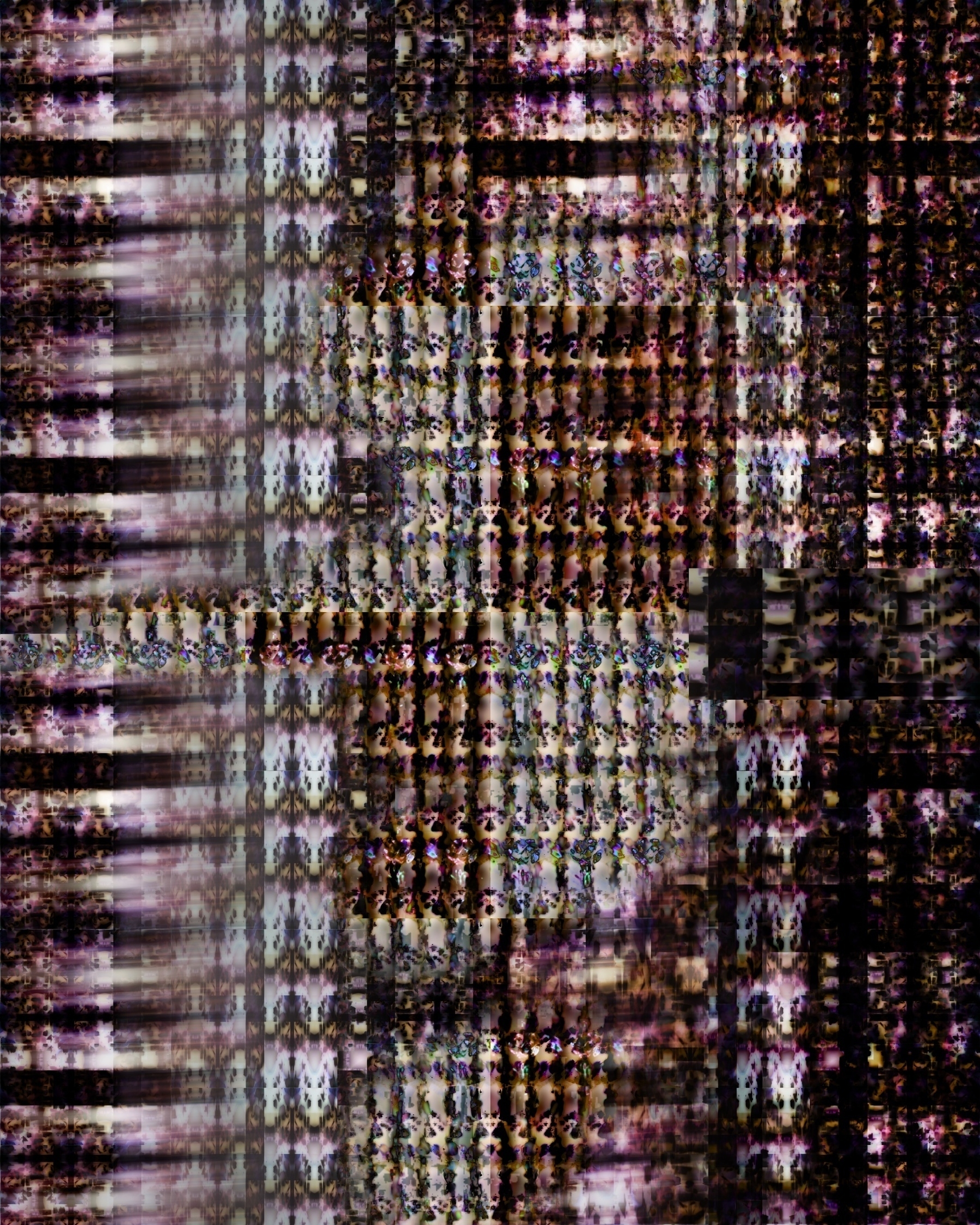 Auto-generated description: A complex, abstract digital pattern features overlapping grids and kaleidoscopic designs with a mix of dark and muted colors.