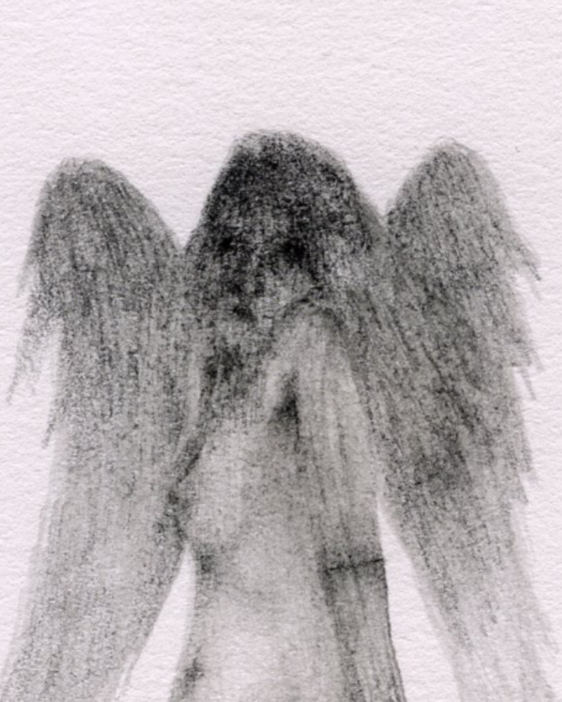 Auto-generated description: A sketch depicts a figure with wings, drawn in a dark, abstract style.