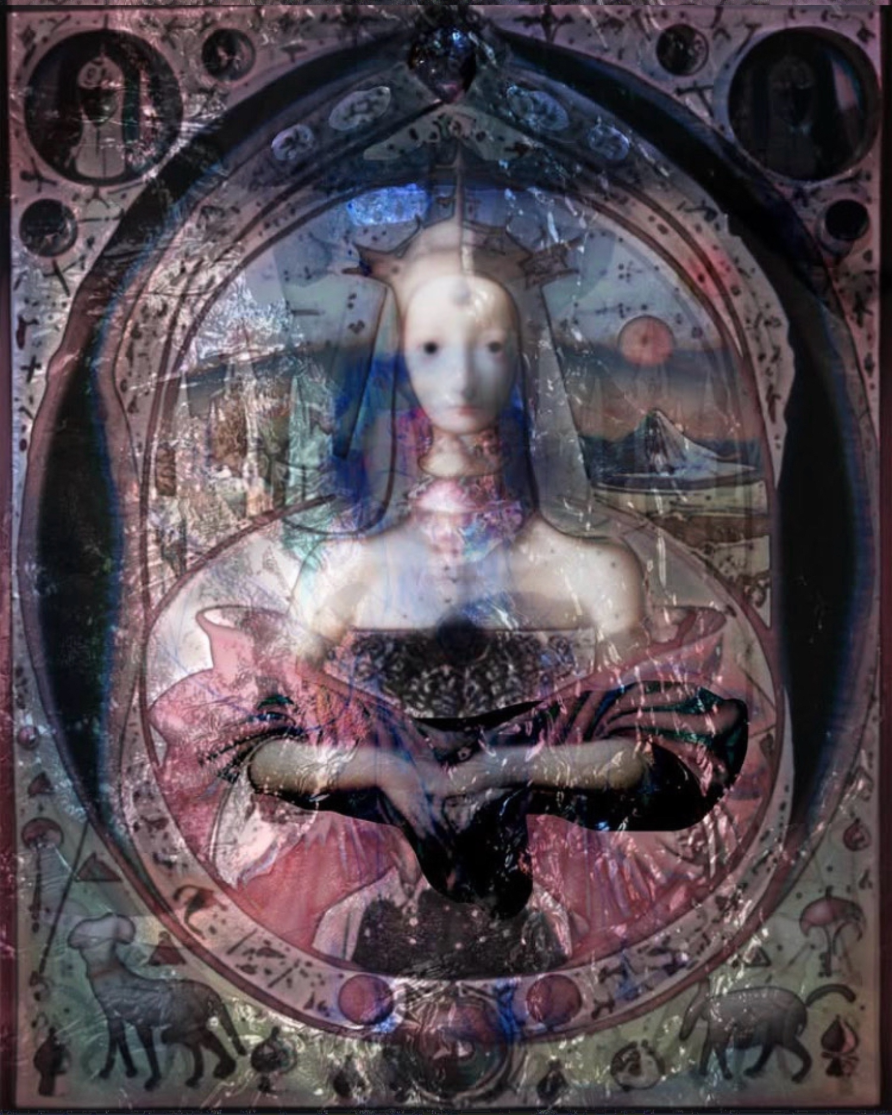 Auto-generated description: A surreal, dreamlike painting features a white-faced figure with a mix of abstract and royal elements, enclosed within a decorative frame that includes various mystical symbols and animals.