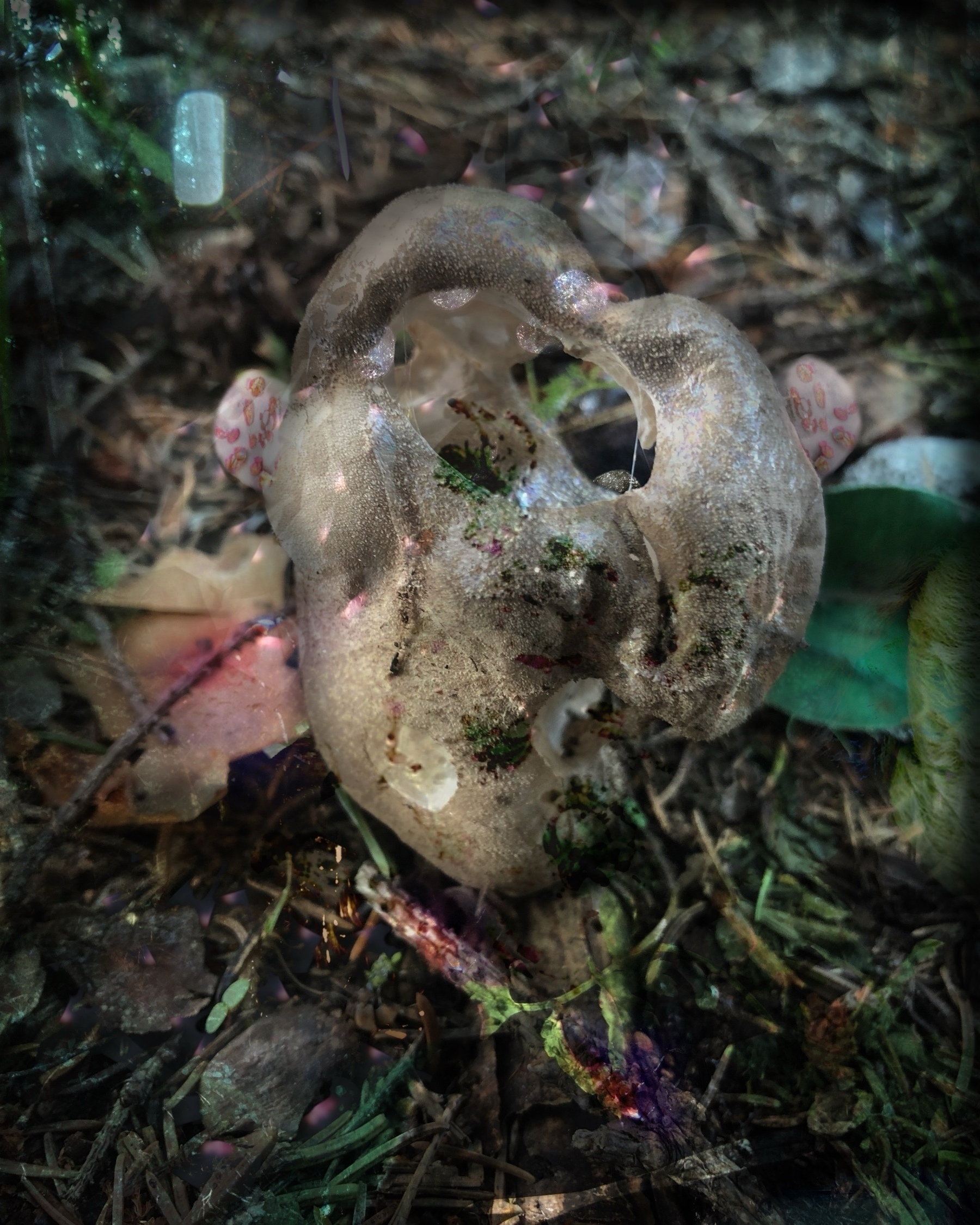 Auto-generated description: A translucent, horn-shaped mushroom with mossy patches grows amidst twigs and leaves on the forest floor.