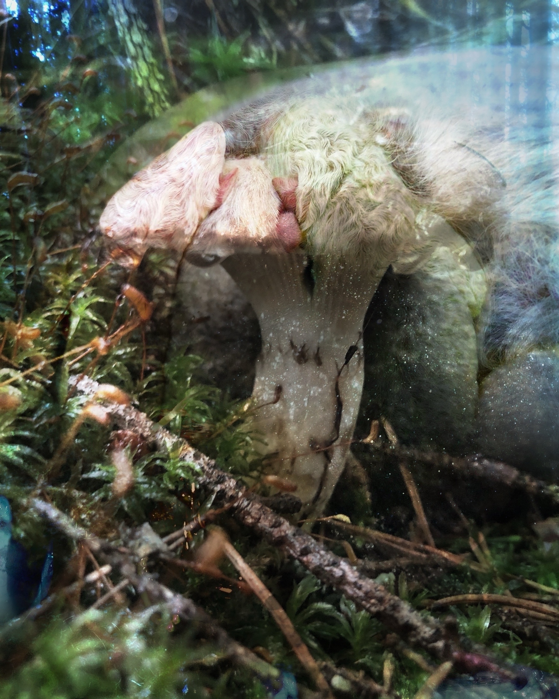 Auto-generated description: A mushroom grows amidst a forested environment, surrounded by moss and twigs.