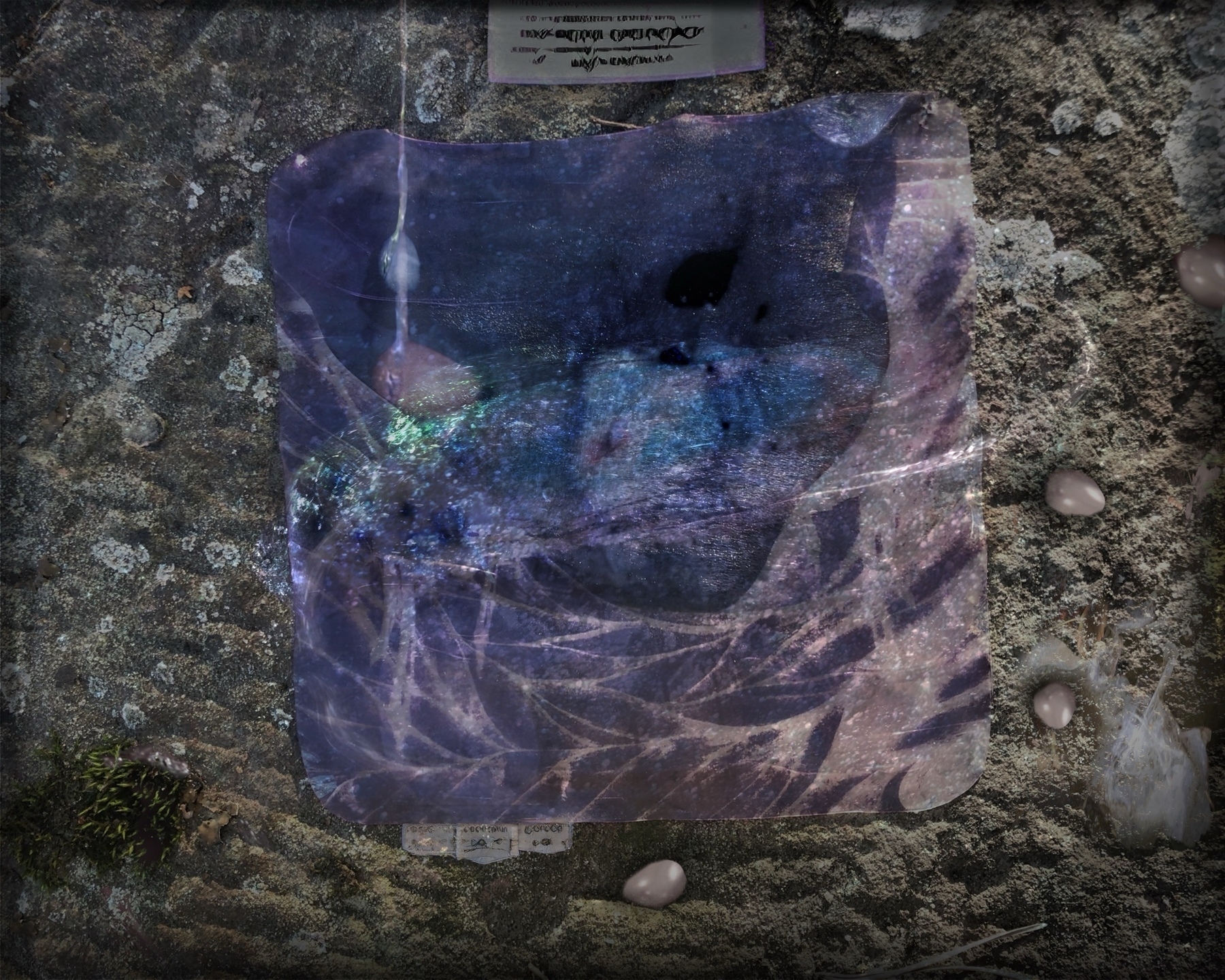 Auto-generated description: A textured stone surface is overlaid with a colorful, abstract artwork and scattered shells or stones.