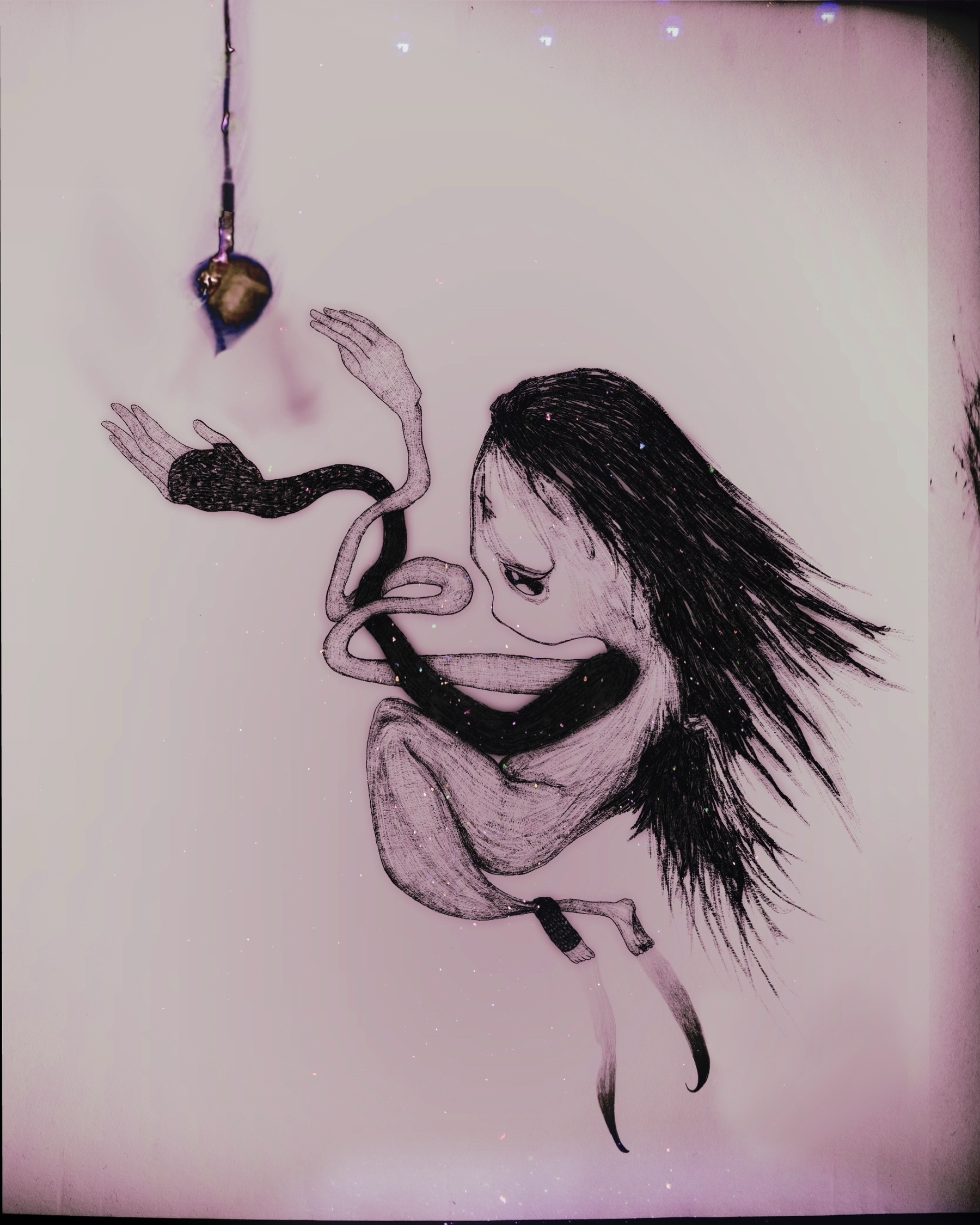 Auto-generated description: A dark, surreal drawing depicts a long-haired creature with elongated limbs reaching for a suspended heart illuminated by a light above.