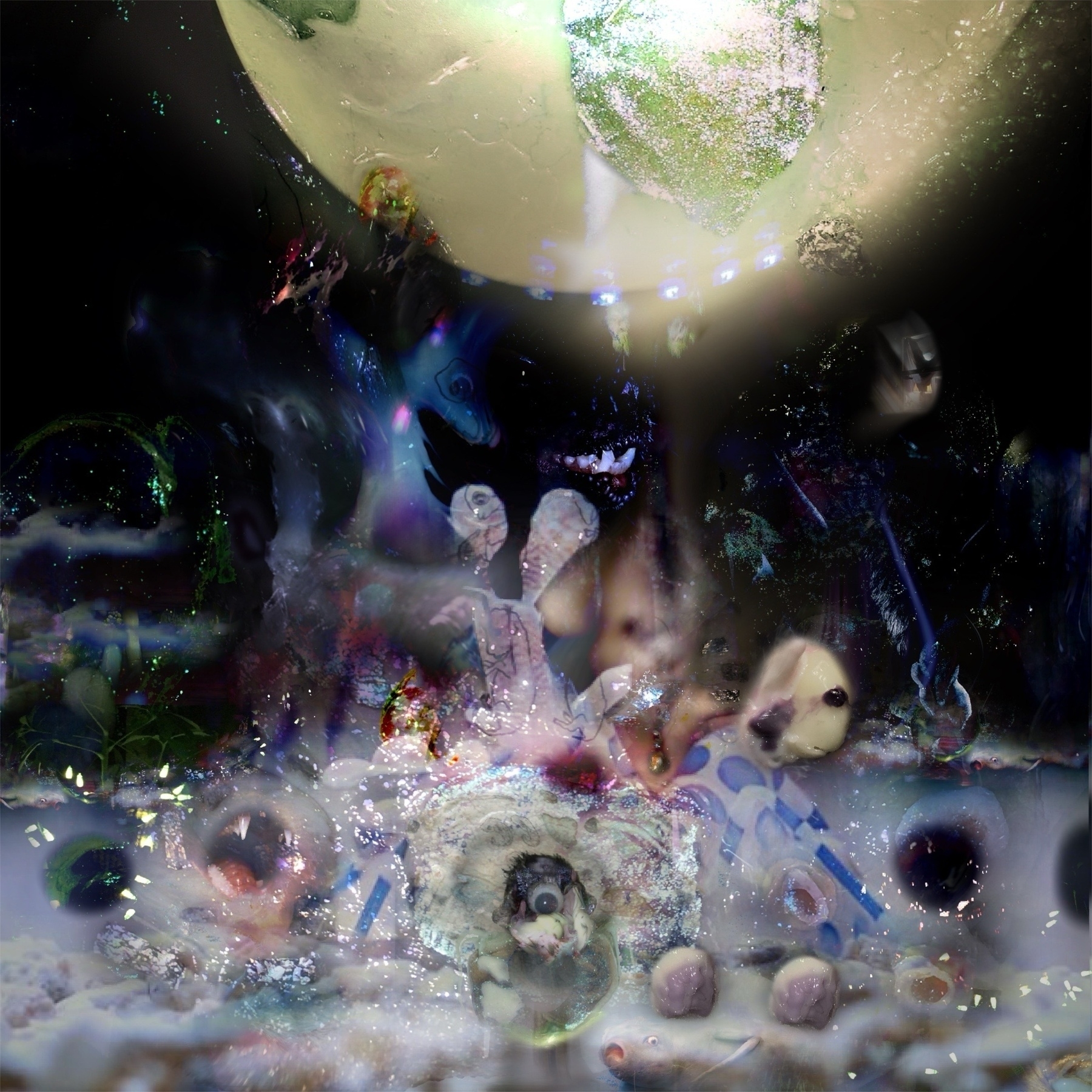 Auto-generated description: A surreal and abstract scene featuring a large greenish-yellow sphere at the top with various colorful, dreamlike shapes and figures below it.