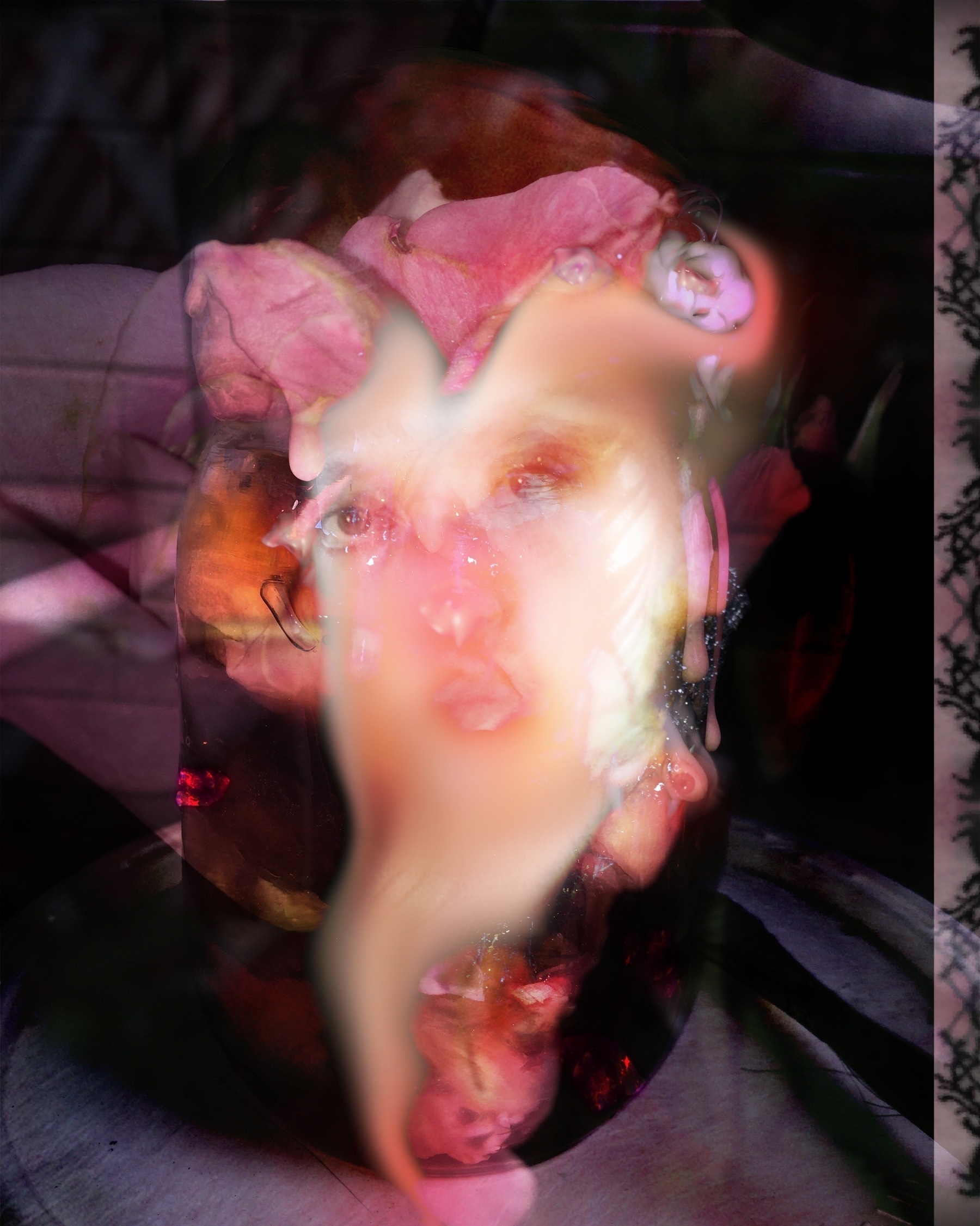 Auto-generated description: A surreal, abstract composition blends a human face with flowers and artistic distortions.