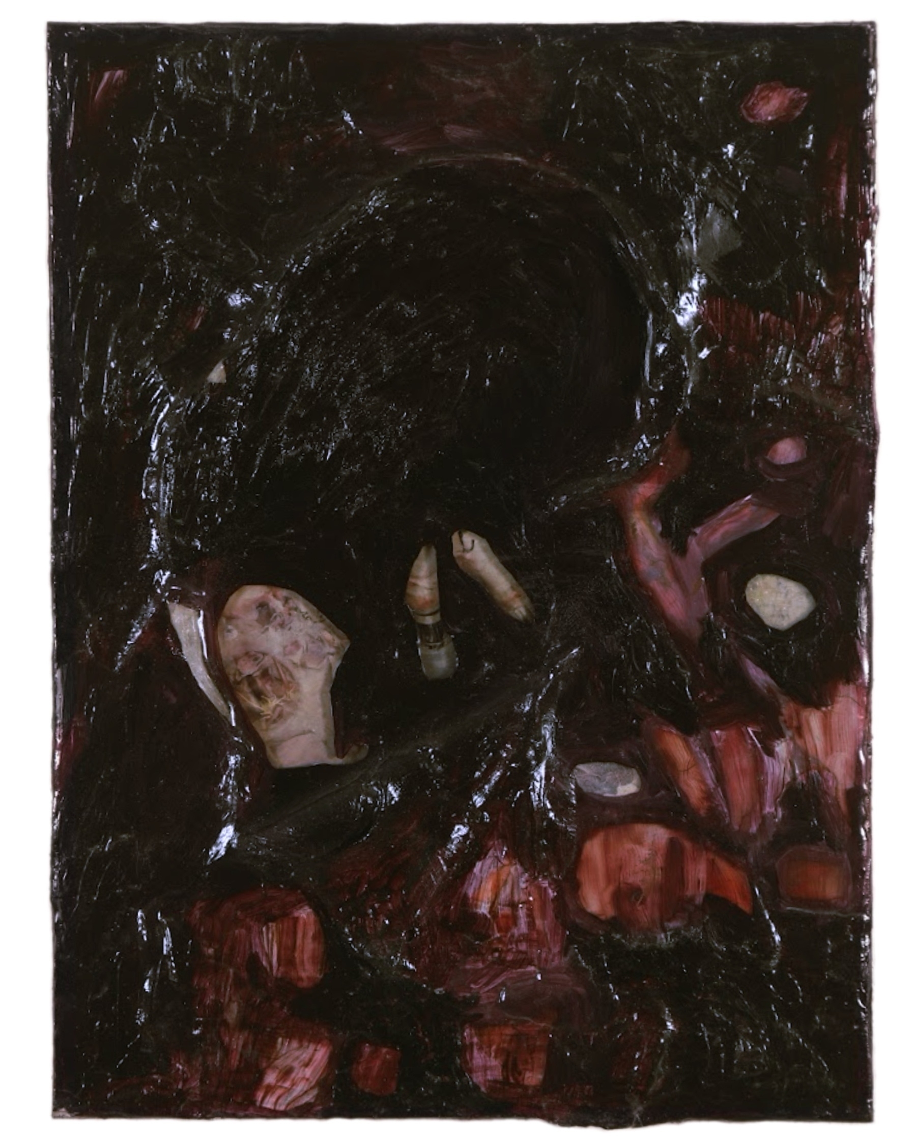 Auto-generated description: A dark and abstract artwork features a hollow central area surrounded by textured elements and fragmented human forms.