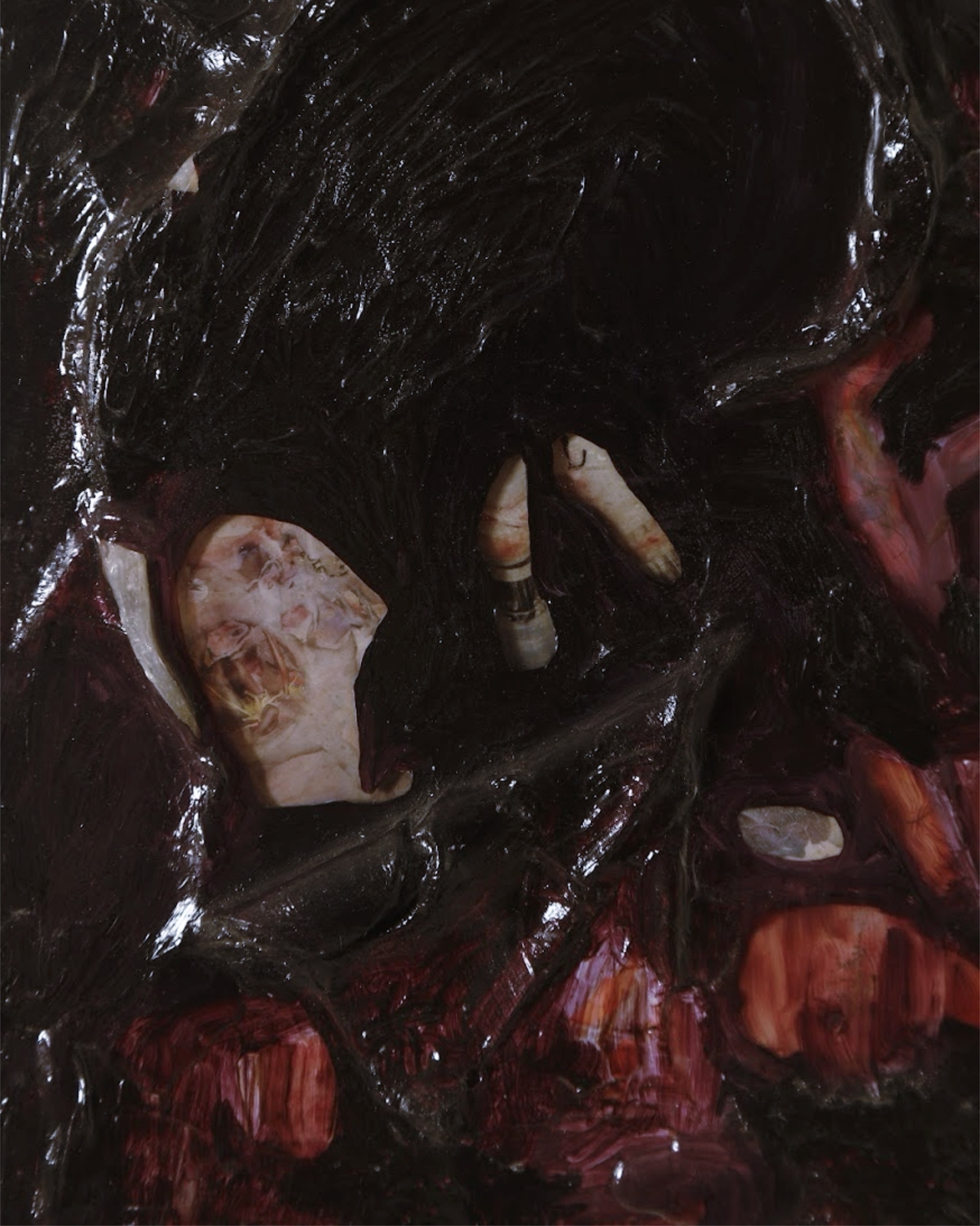 Auto-generated description: A dark, abstract texture with swirling, glossy black and red colors, featuring sporadic patches of lighter, bone-like elements.