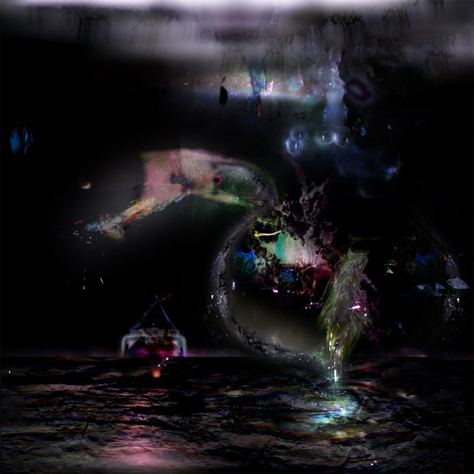 Auto-generated description: A swirling, abstract composition with dark tones and hints of colorful, cosmic elements.