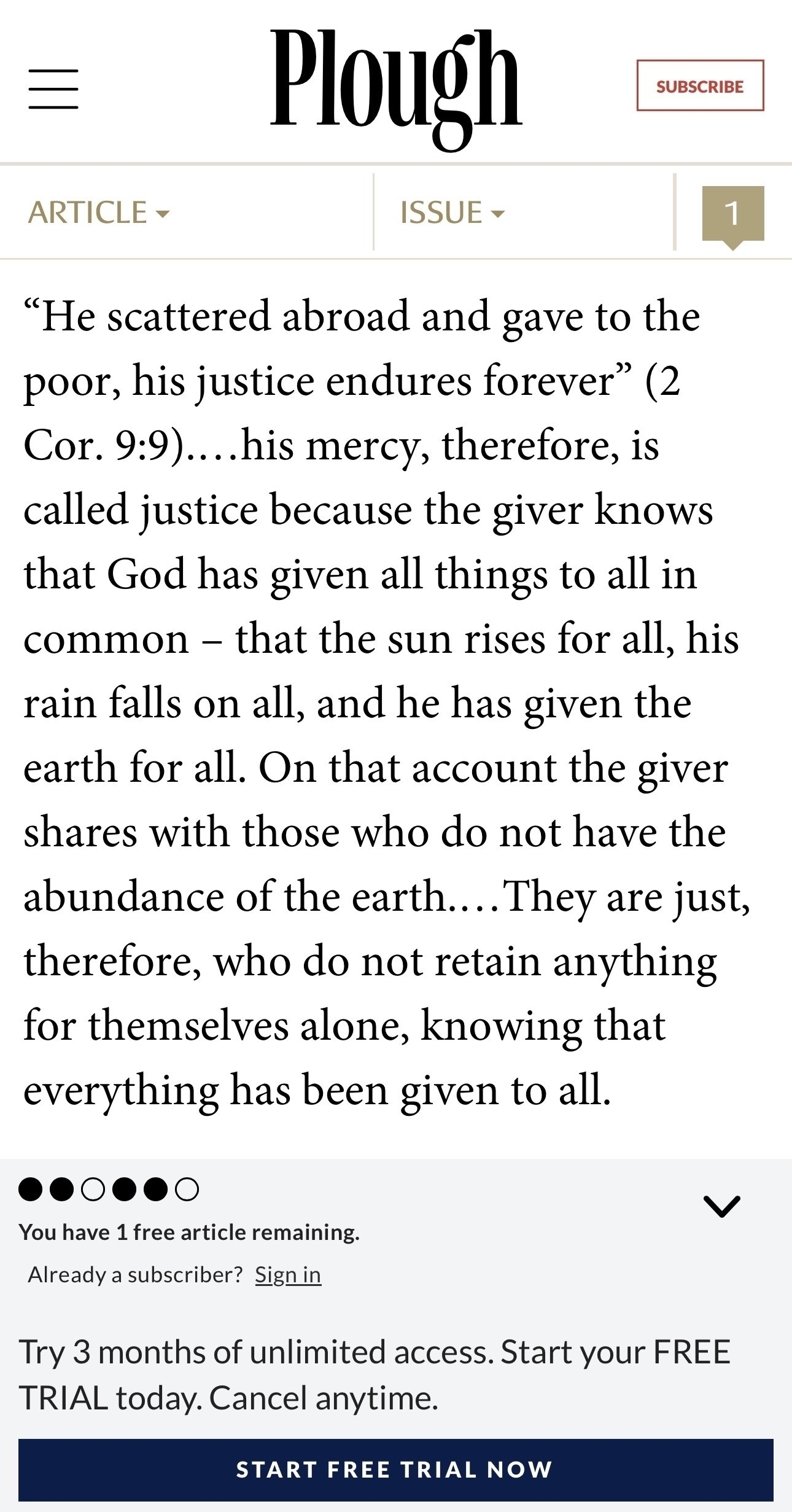 A passage from Plough discusses the concept of justice, emphasizing that true justice involves sharing resources with others because everything belongs to all while telling me my free article limit is near complete and I have to pay for further access. 