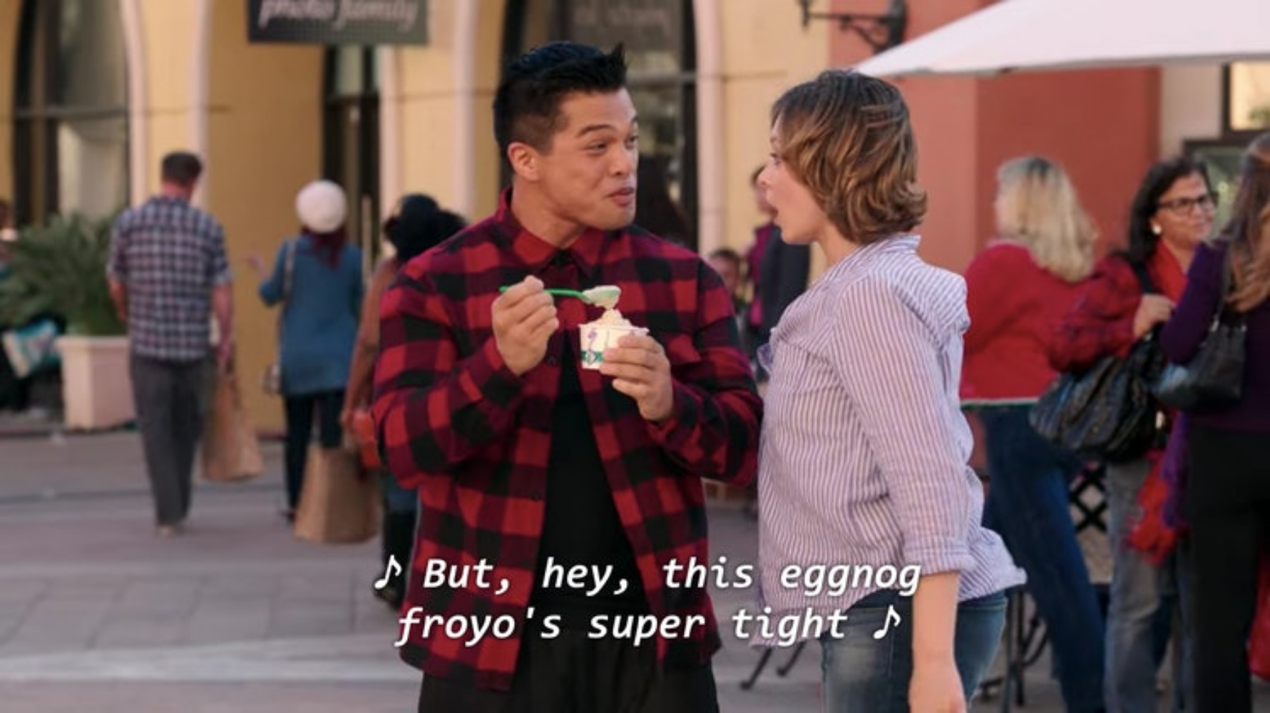 Josh Chan and Rebecca Bunch from "Crazy Ex-Girlfriend" sing "But hey this eggnog froyo's super tight." 