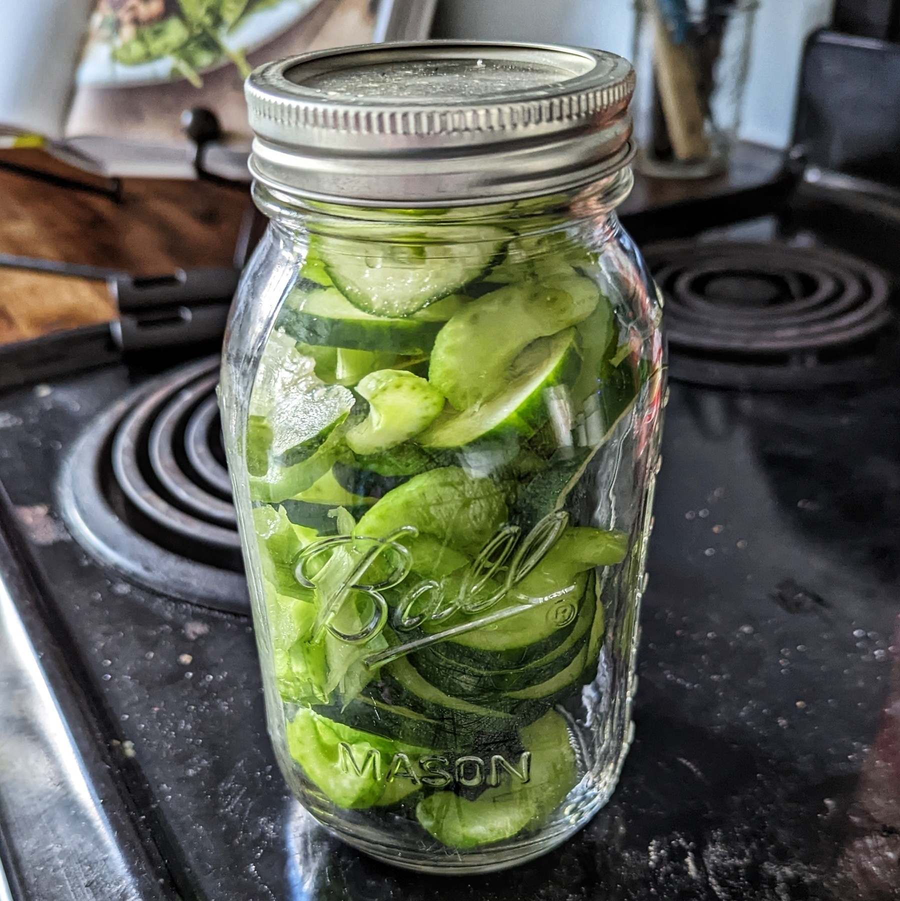 Sliced celery and cucumber in a small-mouth 32 oz Mason jar