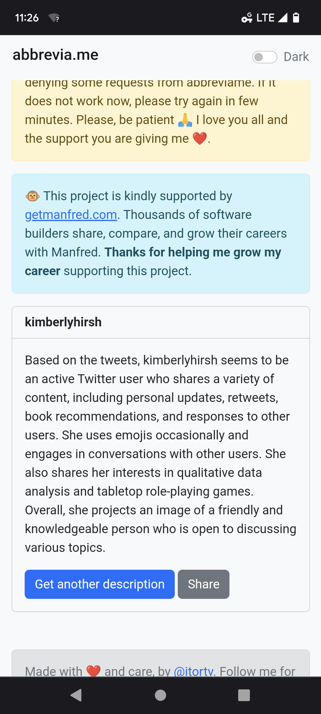 Abbrevia.me summary: Based on the tweets, kimberlyhirsh seems to be an active Twitter user who shares a variety of content, including personal updates, retweets, book recommendations, and responses to other users. She uses emojis occasionally and engages in conversations with other users. She also shares her interests in qualitative data analysis and tabletop role-playing games. Overall, she projects an image of a friendly and knowledgeable person who is open to discussing various topics.
