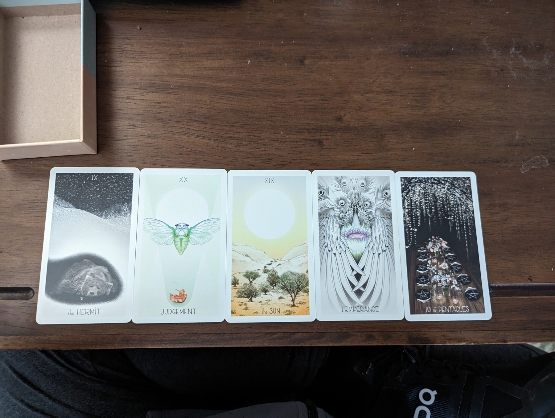 Five cards from The Wayhome Tarot: The Hermit, Judgment, The Sun, Temperance, Ten of Pentacles