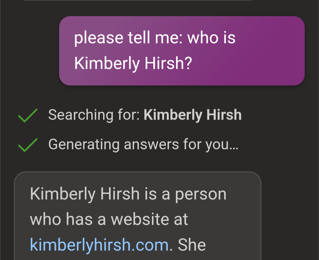 A chat window for Bing creative mode. Question: Please tell me who is Kimberly Hirsh? Answer: Kimberly Hirsh is a person who has a website at kimberlyhirsh.com.
