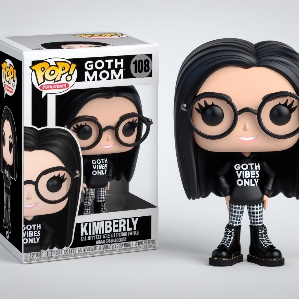 A collectible “Goth Mom” figurine from the POP! series, featuring a character with black hair, large glasses, and gothic attire, standing next to its packaging.