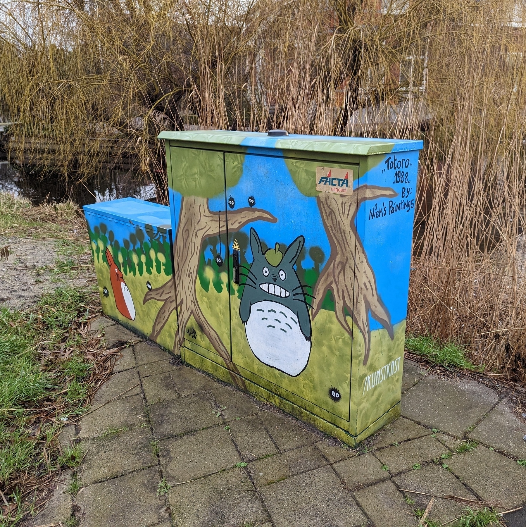 An electrical box painted with scenes from My Neighbor Totoro.