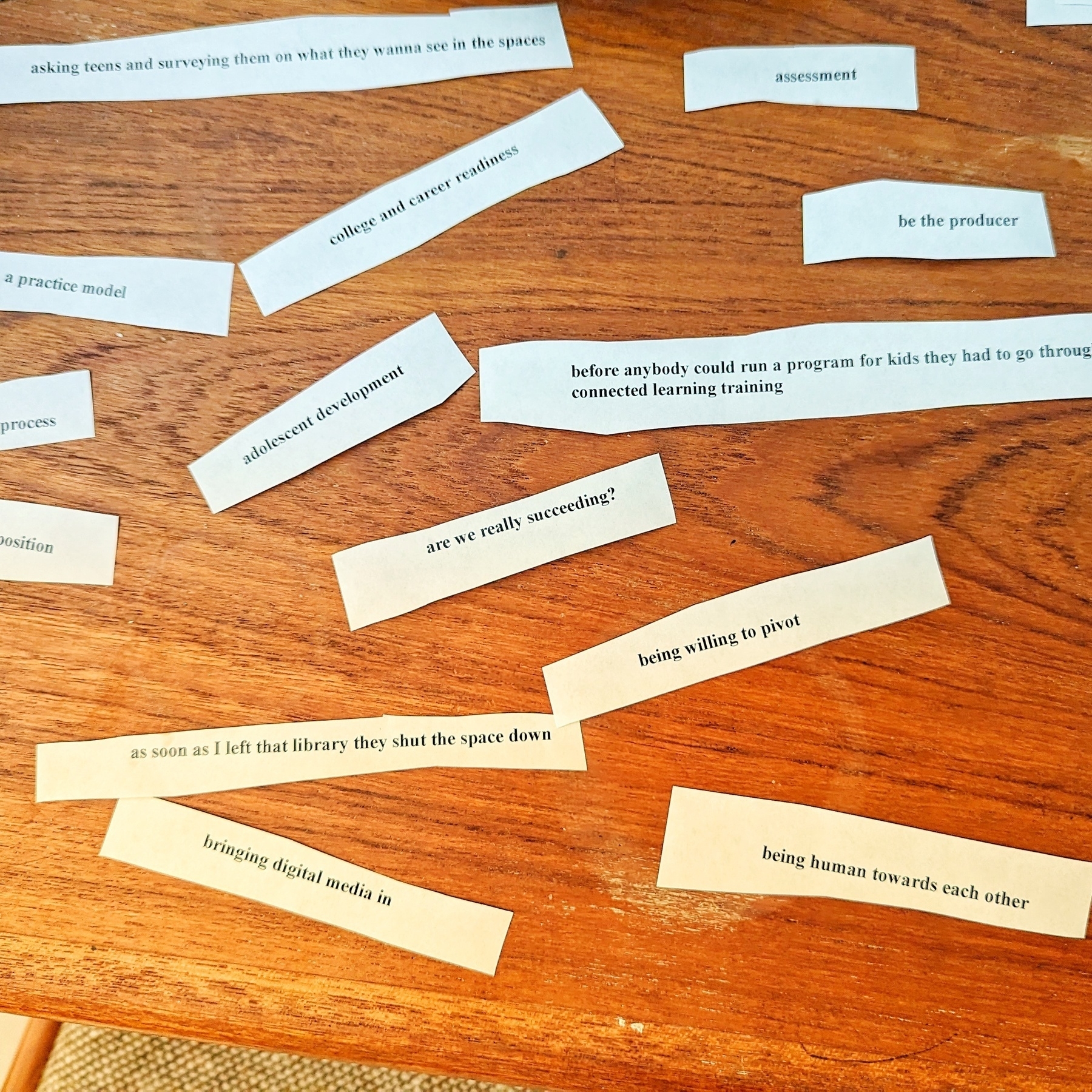 A series of phrases used for qualitative data analysis are printed on strips of paper. These strips are scattered on a tabletop.