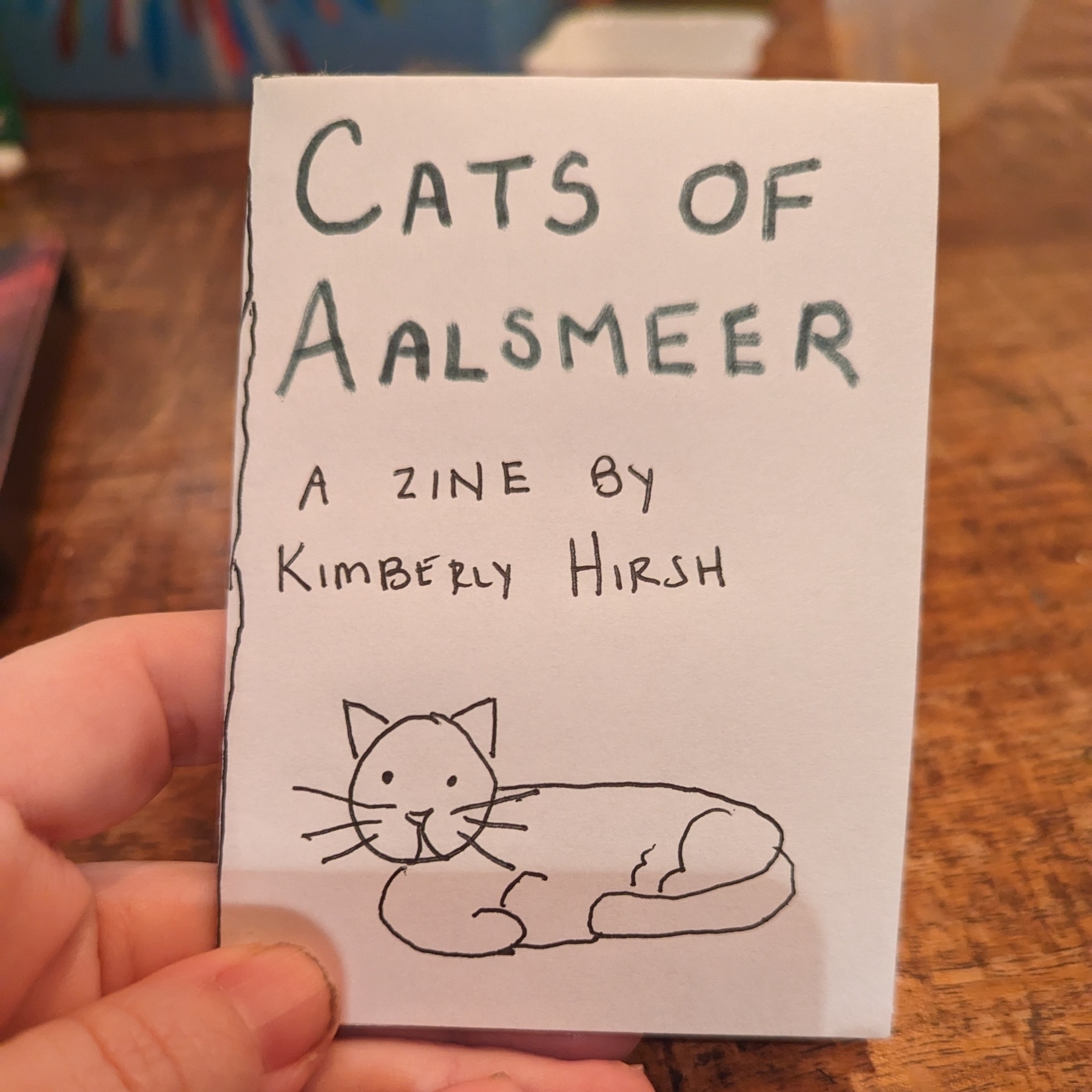 A hand holding a tiny zine that reads 'Cats of Aalsmeer' with a hand-drawn cat face doodle