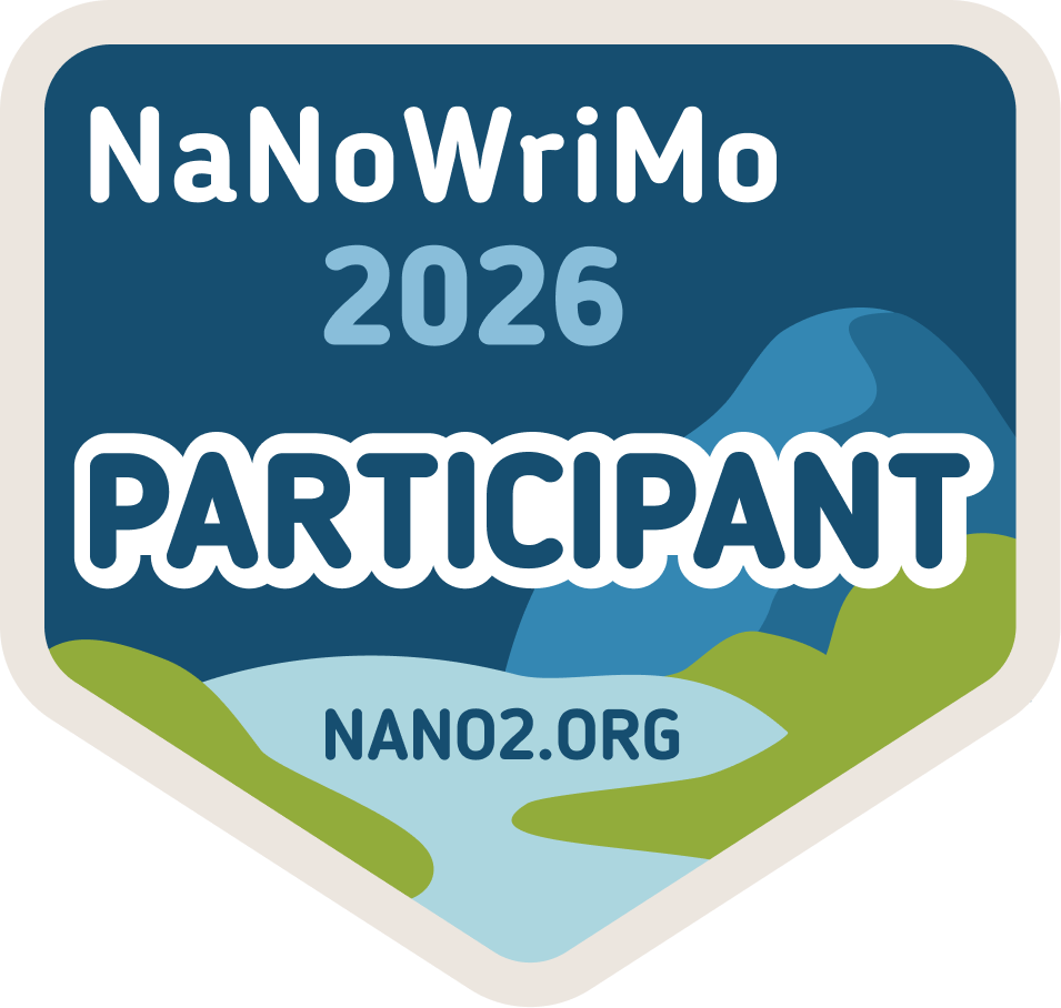 Auto-generated description: A badge showcasing participation in NaNoWriMo 2026 with a scenic illustration and the website nano2.org.