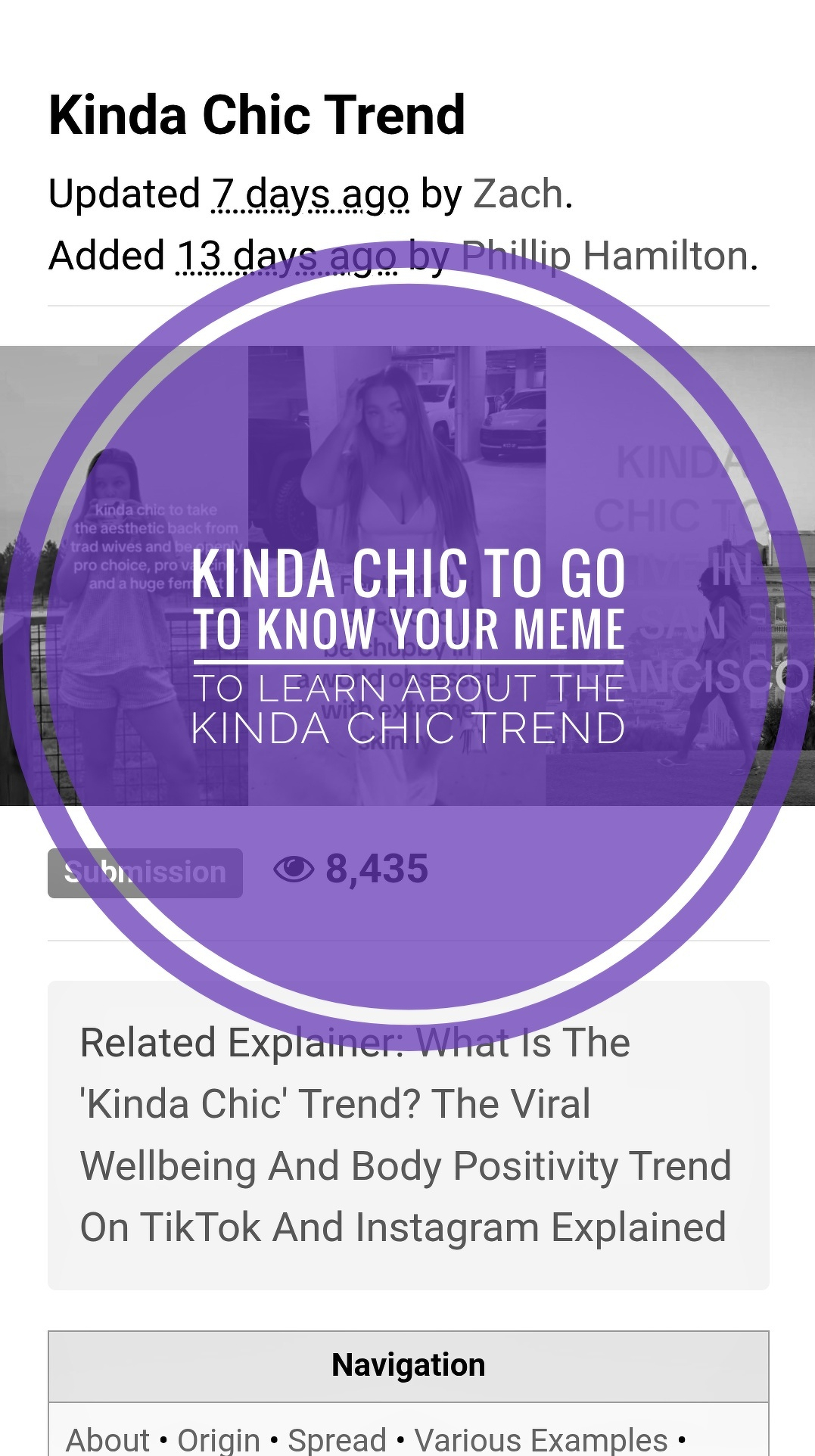 The text "Kinda chic to go to Know Your Meme to learn about the kinda chic trend" is overlaid on a screen capture of the "Kinda Chic Trend" encyclopedia entry from the website Know Your Meme. 