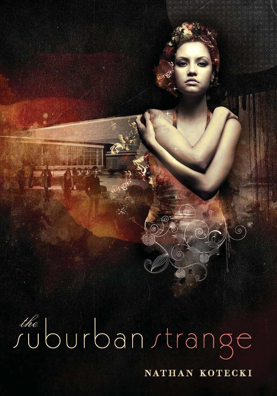 Partially auto-generated description: A book cover for the book, The Suburban Strange.A woman with a serious expression is depicted with crossed arms amidst a dark, surreal background featuring suburban imagery and artistic patterns.