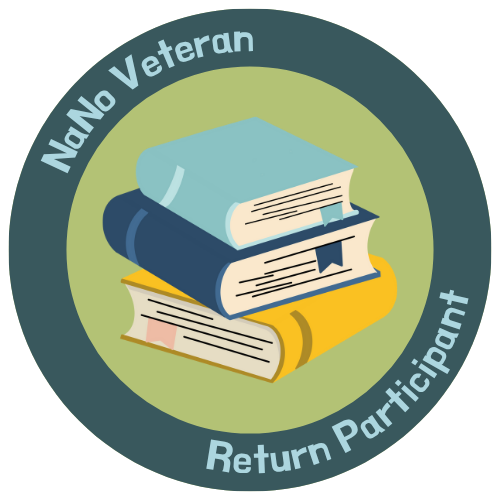Auto-generated description: A stack of three books is centered within a circular badge featuring the words NaNo Veteran Return Participant around the edge.