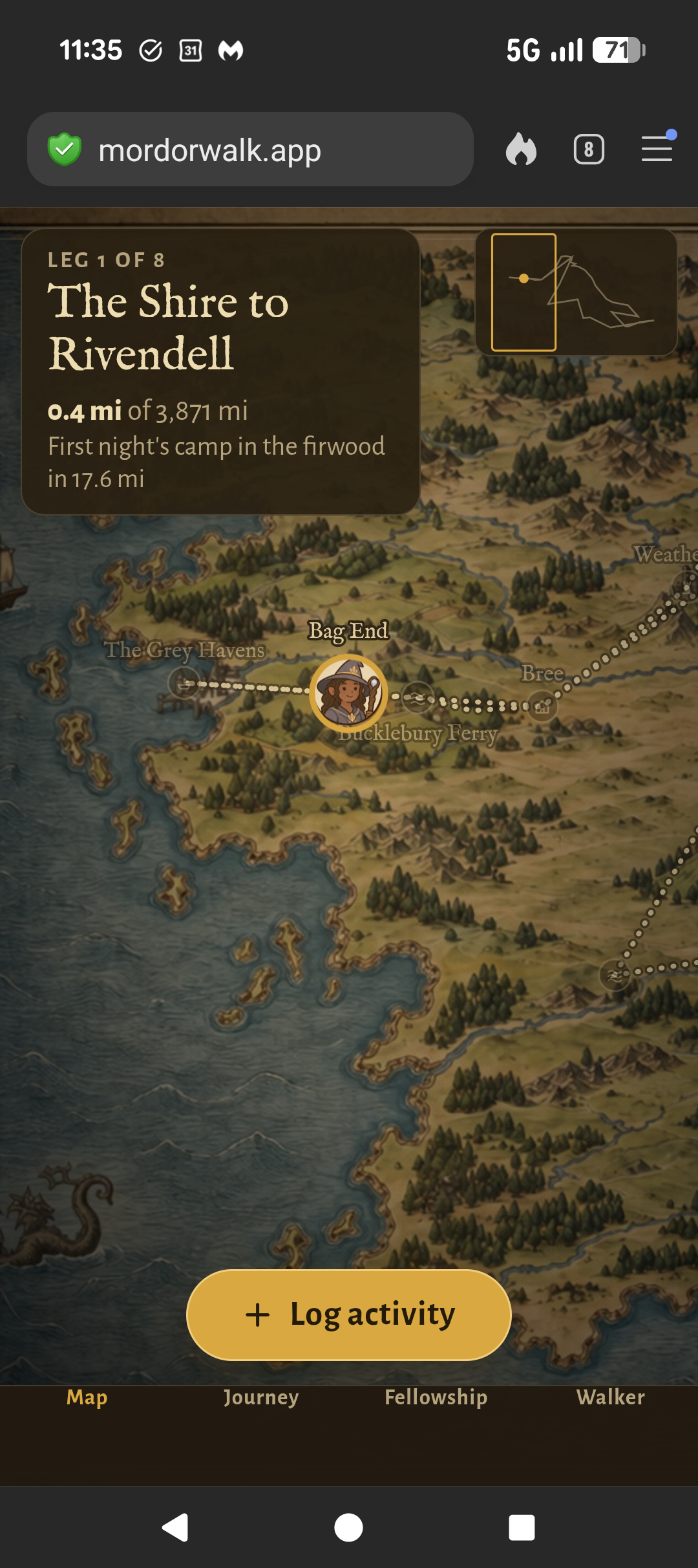 Auto-generated description: A digital map from mordorwalk.app shows the first leg of a journey from The Shire to Rivendell, highlighting key locations like Bag End and Bucklebury Ferry.