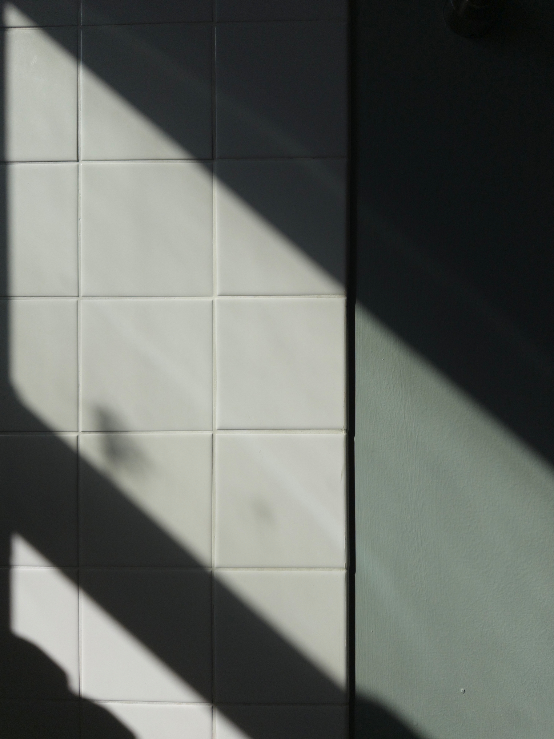 Sunlight casts angular shadows across a tiled wall.