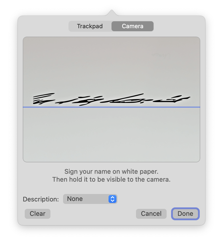 The macOS signature capture screen with the “Camera” tab selected. A series of completely erratic squiggly lines is visible above a blue line.