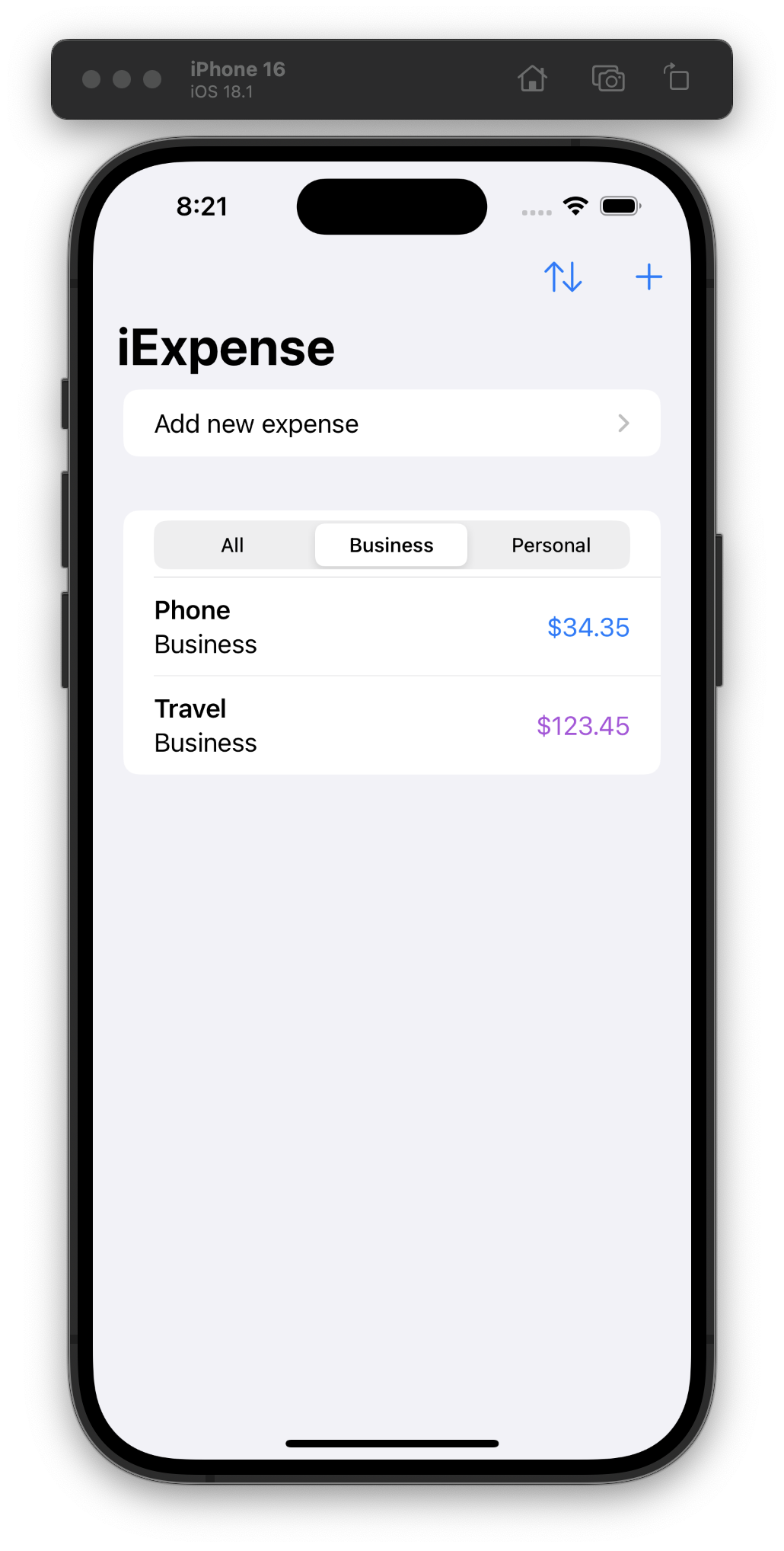 The iOS Simulator displays an “iExpense” app. The toolbar includes buttons to add new expenses and sort. A segmented control allows the main list of expenses to be sorted by “All,” “Business,” or “Personal” (with Business currently selected). The two listed expenses include “Phone, $34.35” and “Travel, $123.45.”