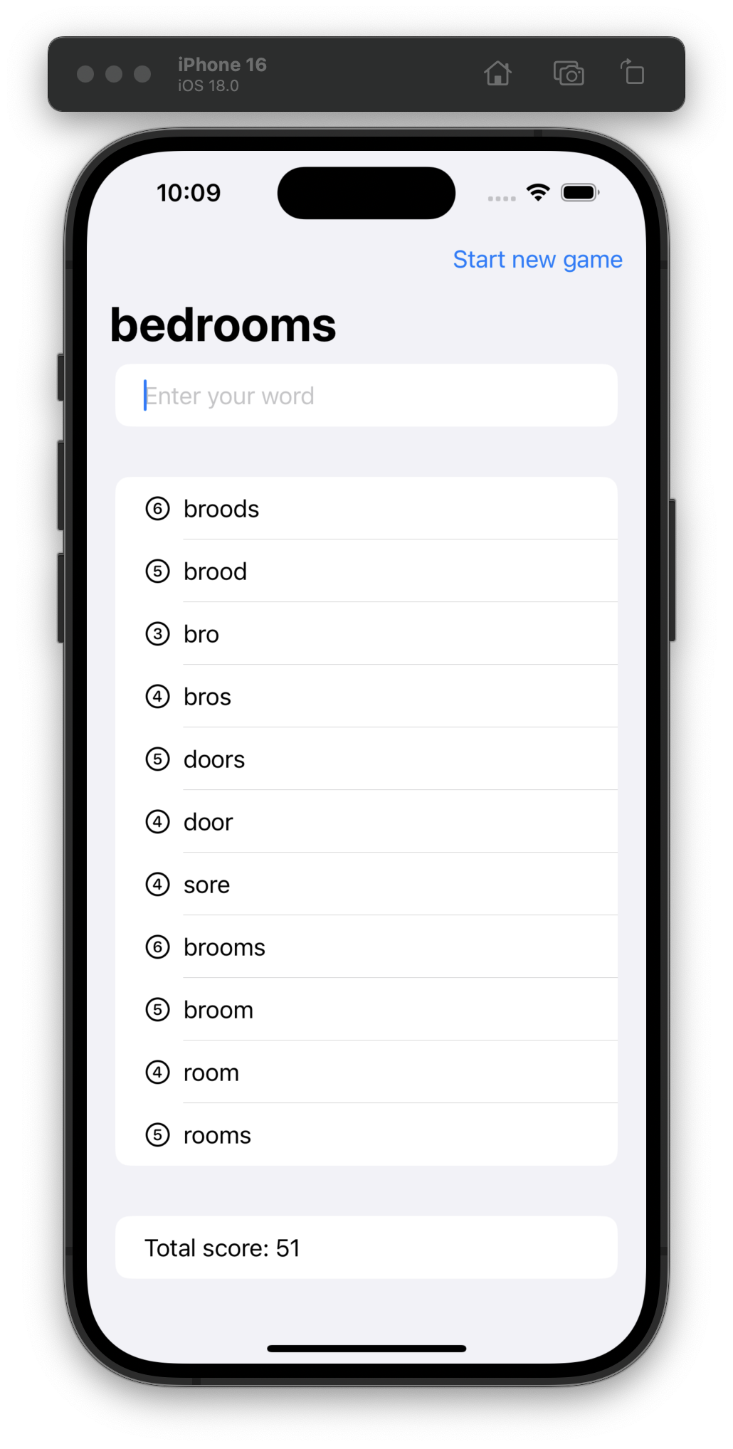 An iOS simulator displays a word game interface. The word “bedrooms” is displayed at the top, with a text field prompting the user to “Enter your word.” Below is a list of valid words with their character counts. The total score is 51.