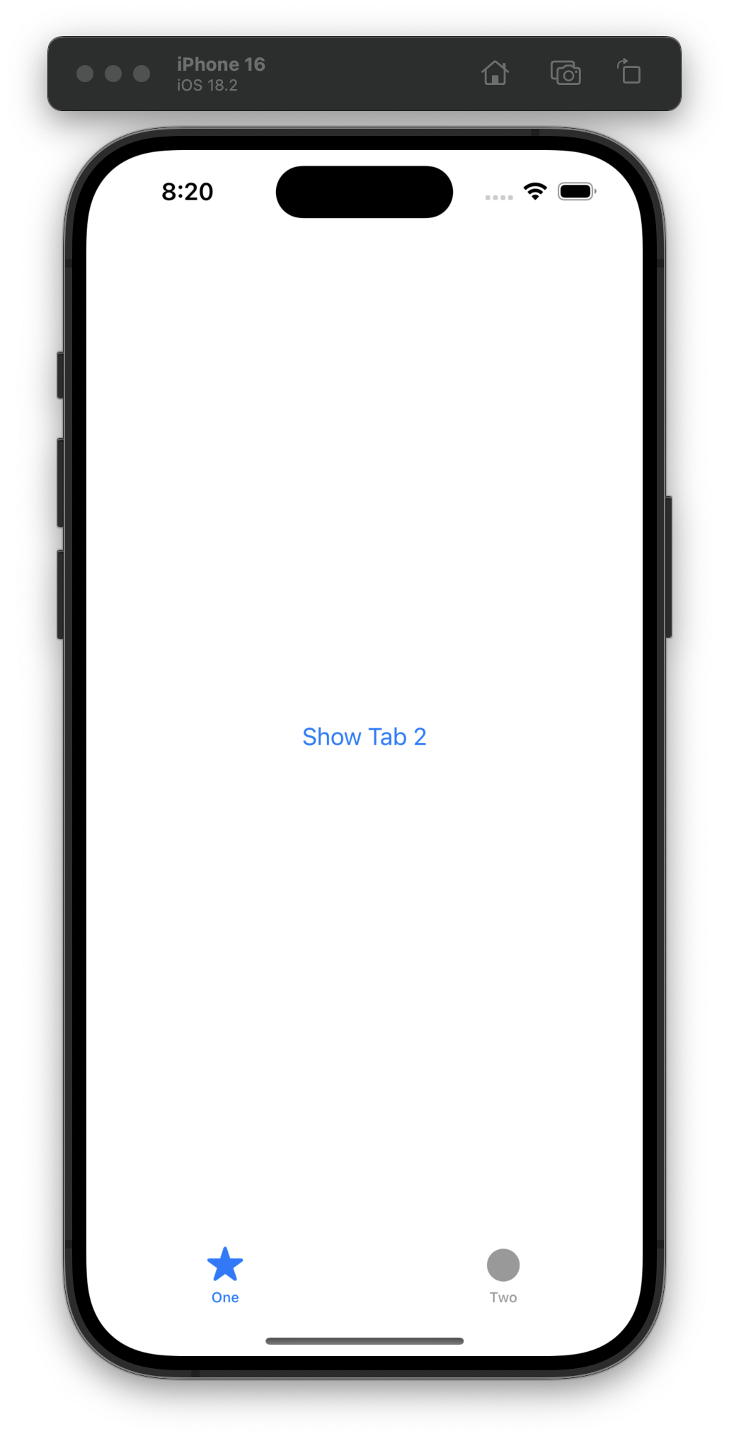 The iOS Simulator displays a white screen with a blue button labeled Show Tab 2 in the center. A tab bar at the bottom has two tabs, One with a blue star icon and Two with a gray circle icon.