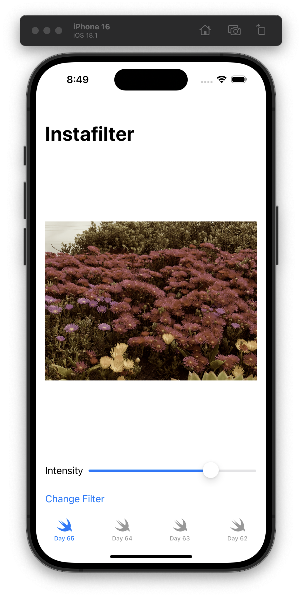 The iOS Simulator displays an app titled Instafilter. A sepia-toned image of flowers is shown, with a slider labeled “Intensity” set to 75% with a “Change Filter” button below. Underneath is a bottom tab bar with four tabs labeled Day 65, Day 64, Day 63, and Day 62, with Day 65 selected.