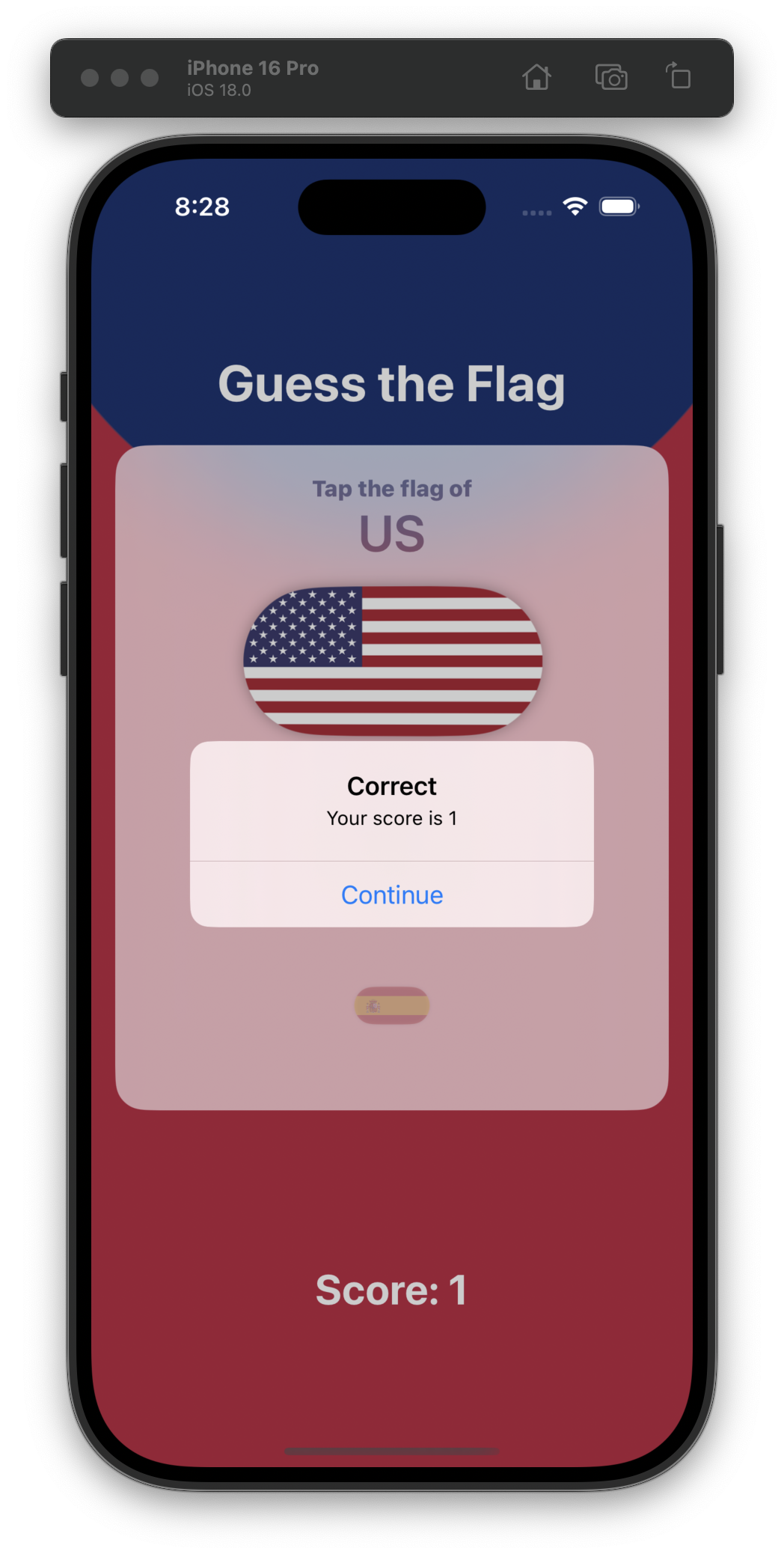 An iOS simulator displays the “Guess the Flag” app from Day 22. The prompt reads “Tap the flag of US” with the United States flag selected. A pop-up says “Correct” with “Your score is 1” and a “Continue” button below. Current score displays as 1.